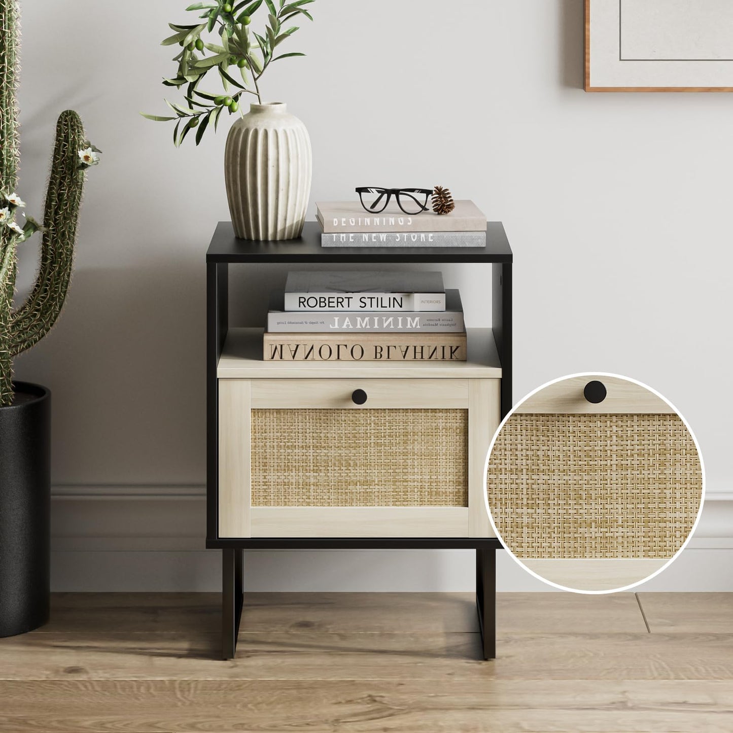 Masupu Boho Night Stand, Small Rattan Side Table, Wood Nightstand with Drawer and White Oak Shelf, Bedside Table, End Table for Bedroom,Living Room,Office (Black Frame)