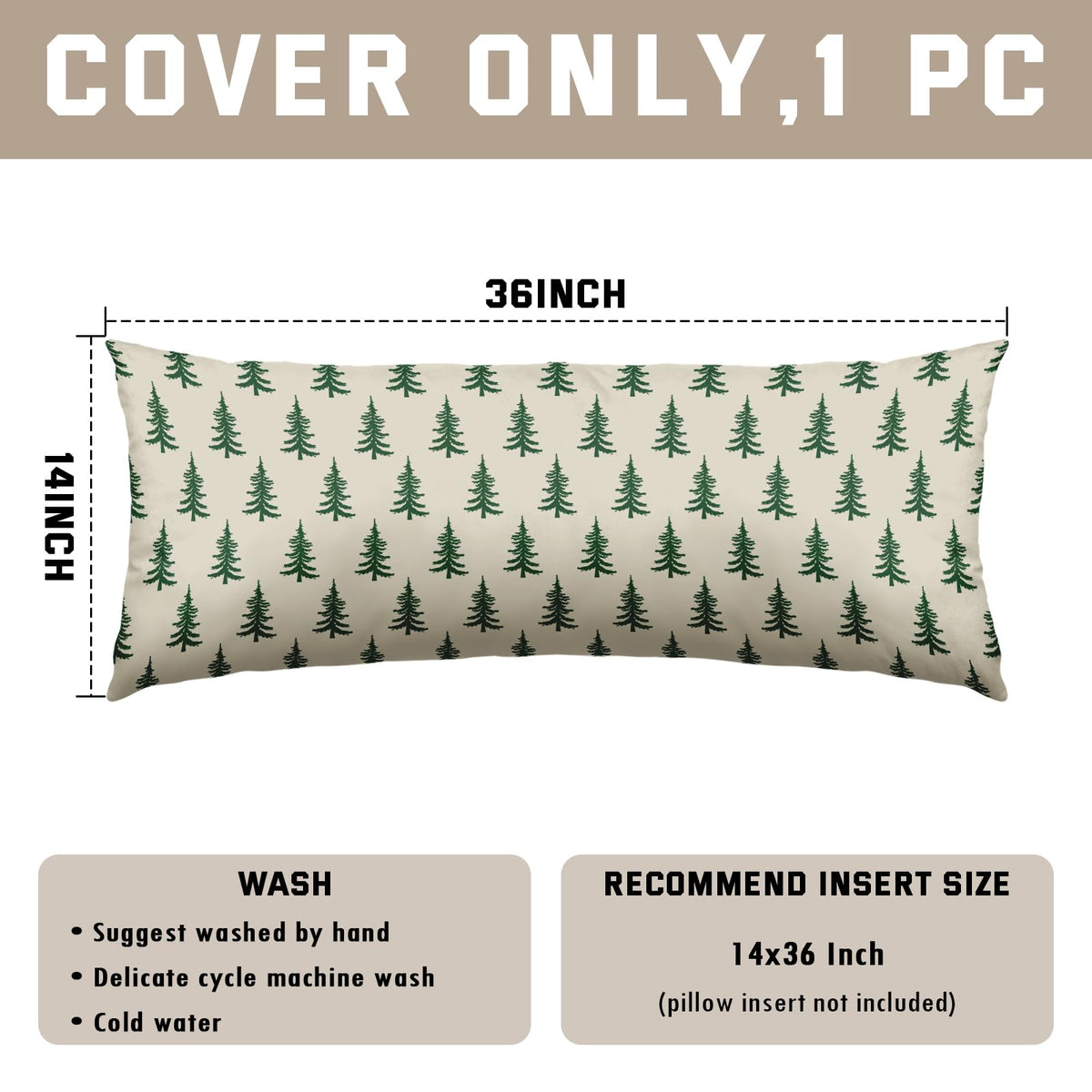 Christmas Pillow Cover 14x36 Inch Green Cream Tree Xmas Holiday Print Decorative Long Throw Pillowcases Outdoor Winter Seasonal Rustic Farmhouse Lumbar Rectangle Cushion Case Decor for Couch Sofa Bed