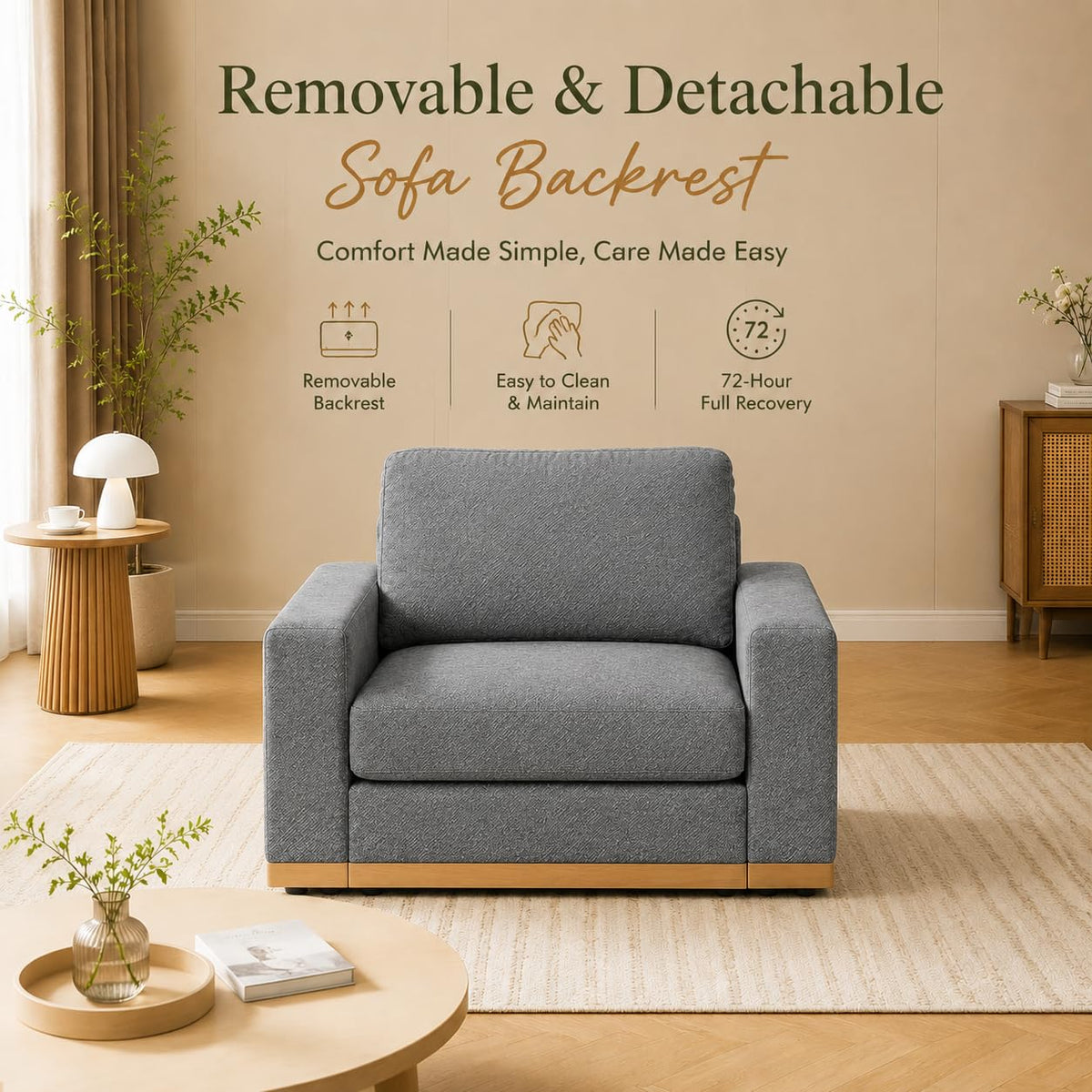 WEUP 42" Accent Chair for Living Room,Oversized Wide Single Sofa Chair,Chenille Fabric Armchair,Solid Wood Frame,Washable Covers,Spring Cushions,Easy Assembly for Small Spaces,Grey
