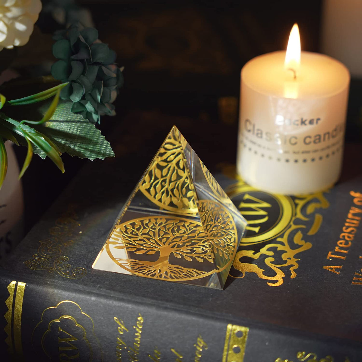 Tree of Life Crystal Pyramid Paperweight,60MM Clear Glass Pyramid Desk Ornament Feng Shui Crafts Meditation Crystal for Home Office Art Decor, Collectible Paperweight and Photography