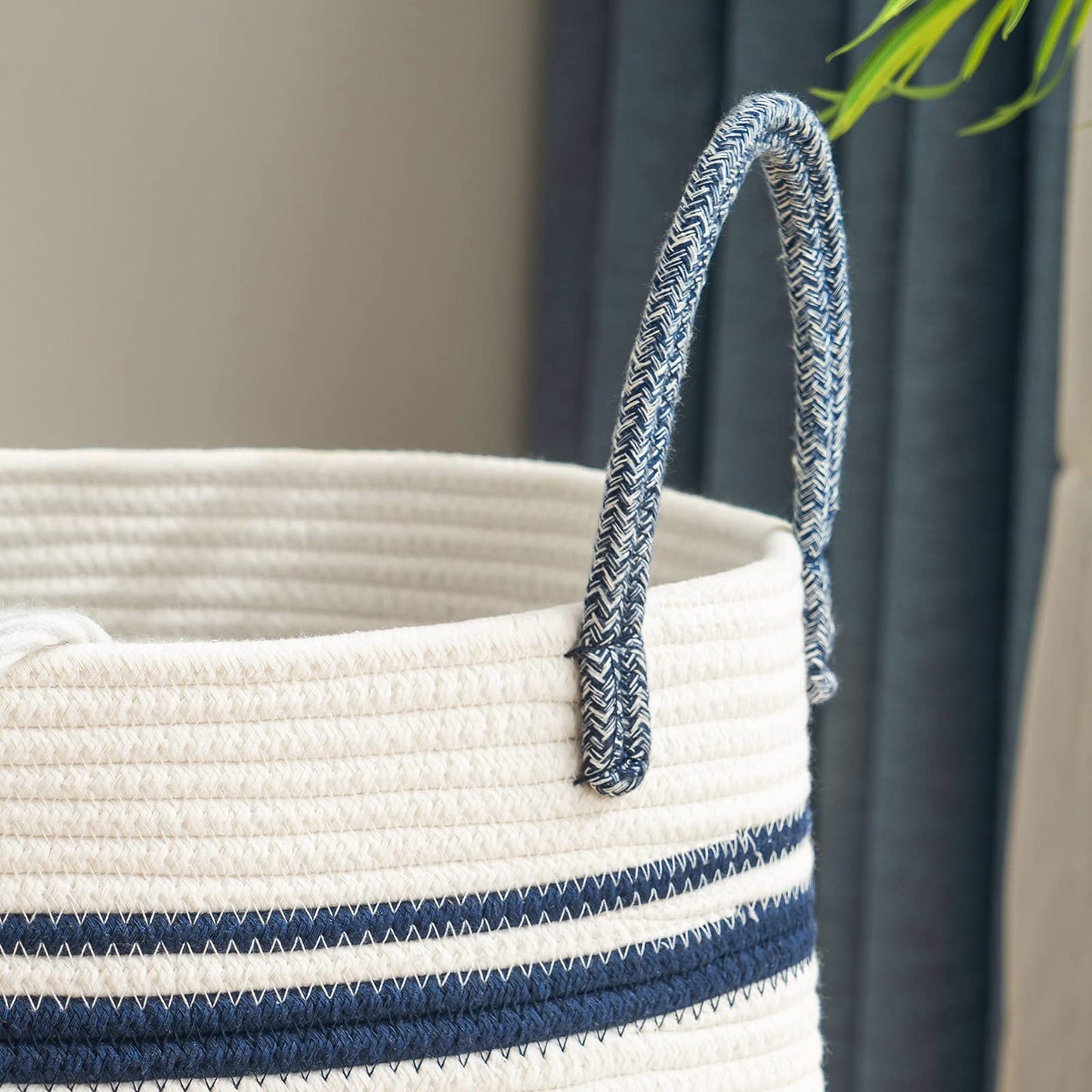 Woven Rope Laundry Hamper Basket by YOUDENOVA, 58L Tall Luandry Basket, Baby Nursery Hamper for Blanket Storage in Bedroom-Large-Blue