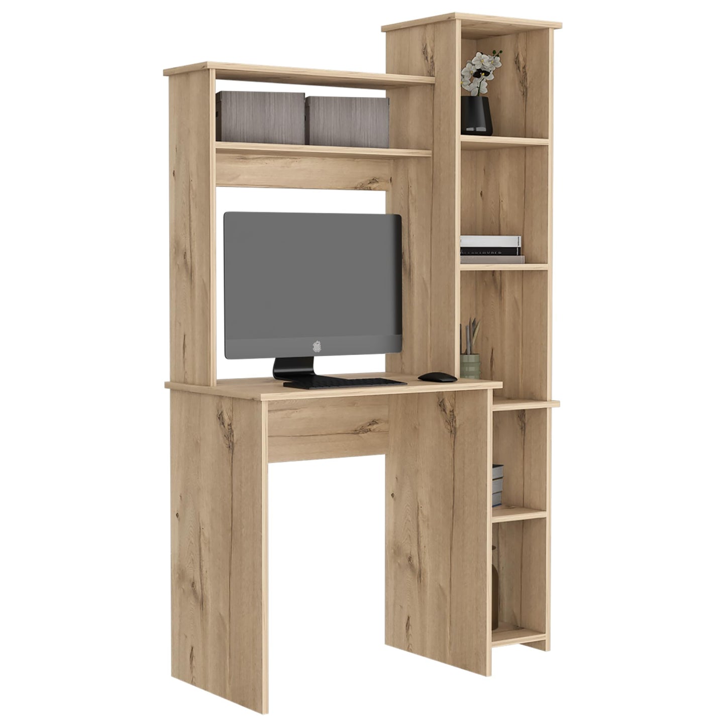 Tuhome Versalles Writing Desk with Two Superior Shelves, Five Side Open Storage Compartments, Space-Saving Modern Workstation Design for Studios and Offices, Ideal for Organization, Books