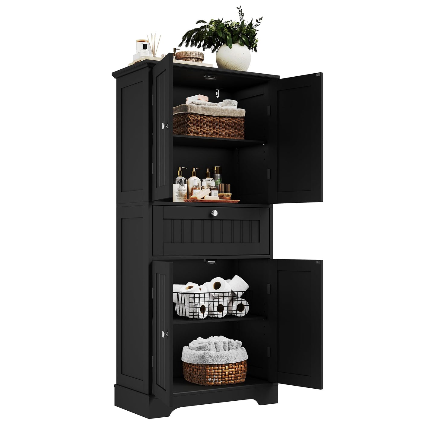ChooChoo 51" H Tall Bathroom Floor Cabinet, Modern Bathroom Storage Cabinet with Drawer and Adjustable Shelves, Freestanding Kitchen Pantry Cupboard with 4 Doors for Living Room, Black