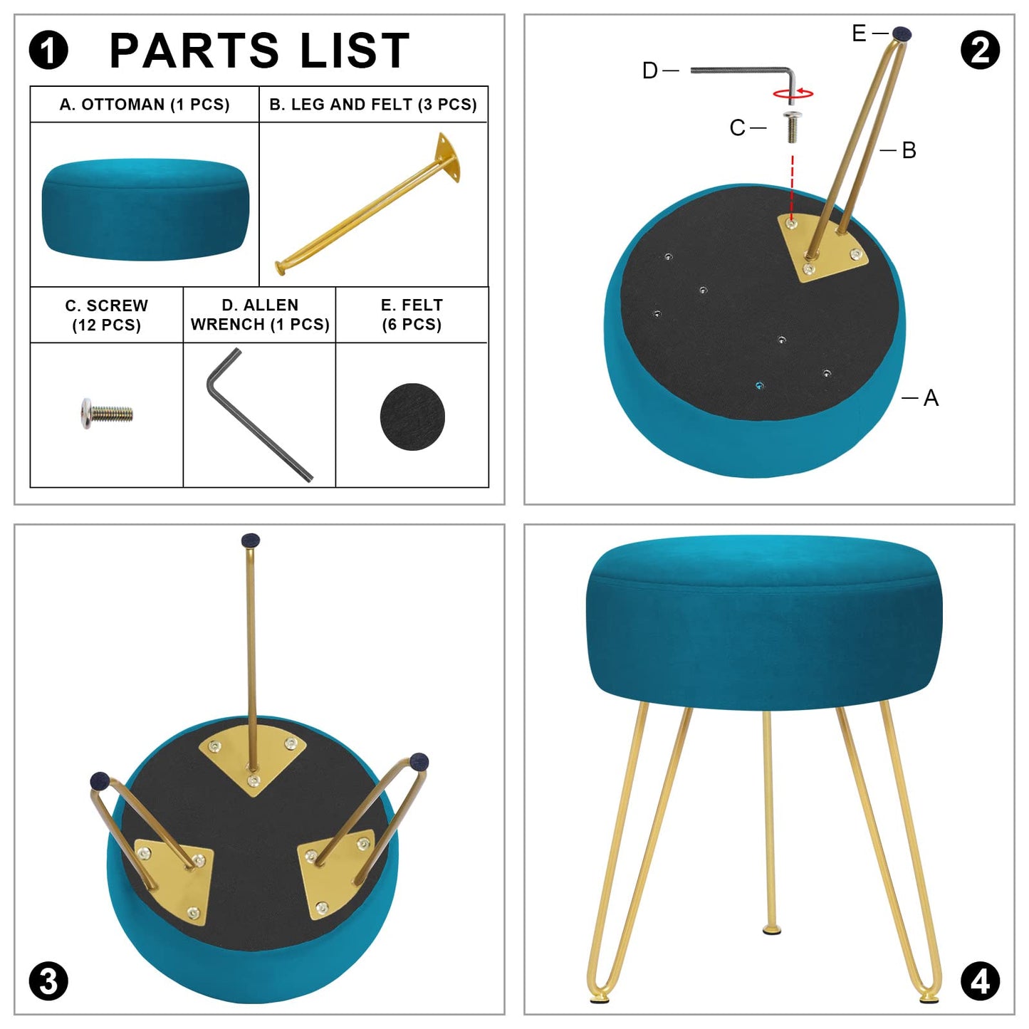 YOONIC Velvet Soft Modern Vanity Footstool -Round Footrest Stool Ottoman Side Table Seat Dressing with Golden Metal Leg and Sponge Filling,Upholstered Foot Rest for Living Room (Peacock blue2)