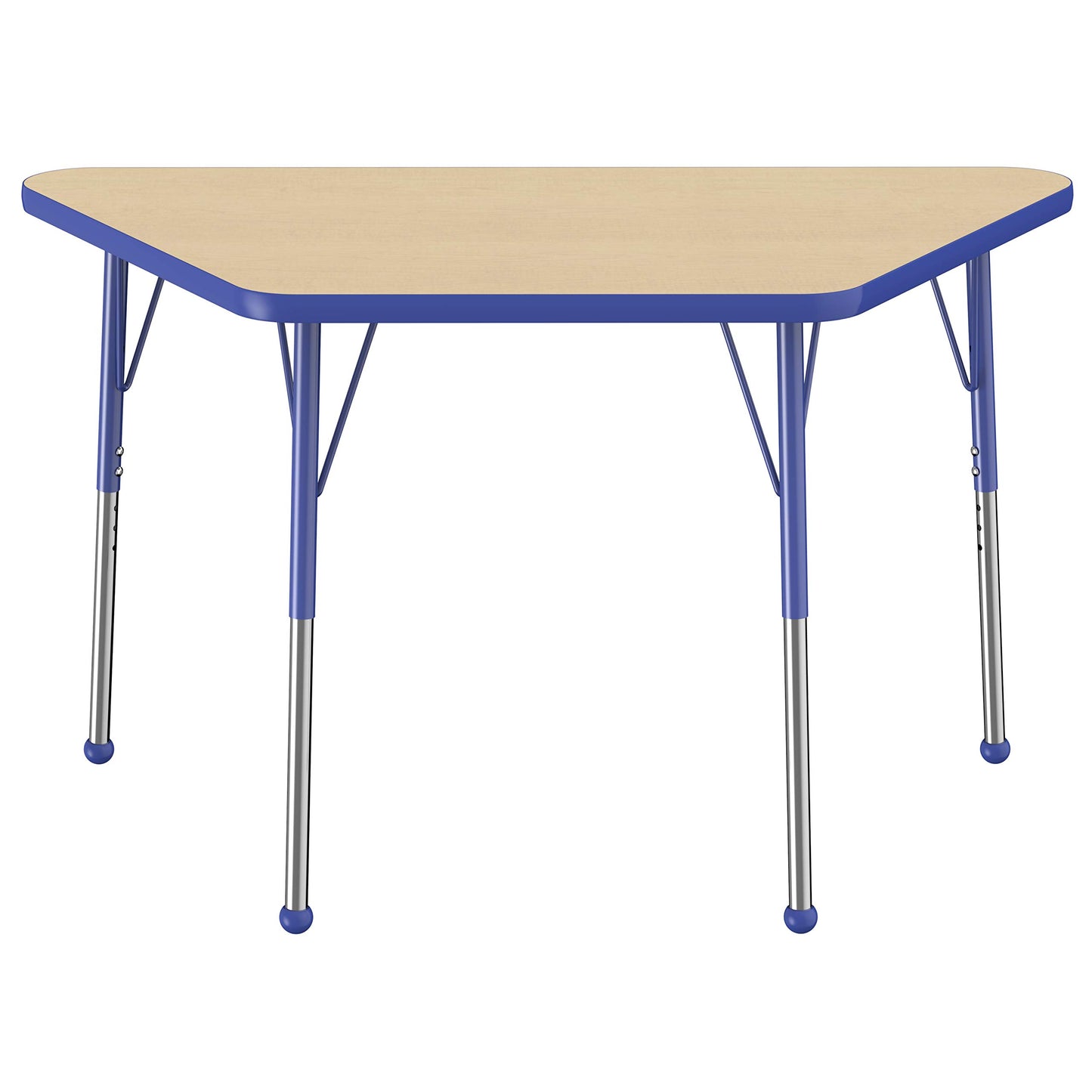 FDP Trapezoid Activity School and Office Table (24 x 48 inch), Standard Legs with Ball Glides for Collaborative Seating Environments, Adjustable Height 19-30 inches - Maple Top and Blue Edge