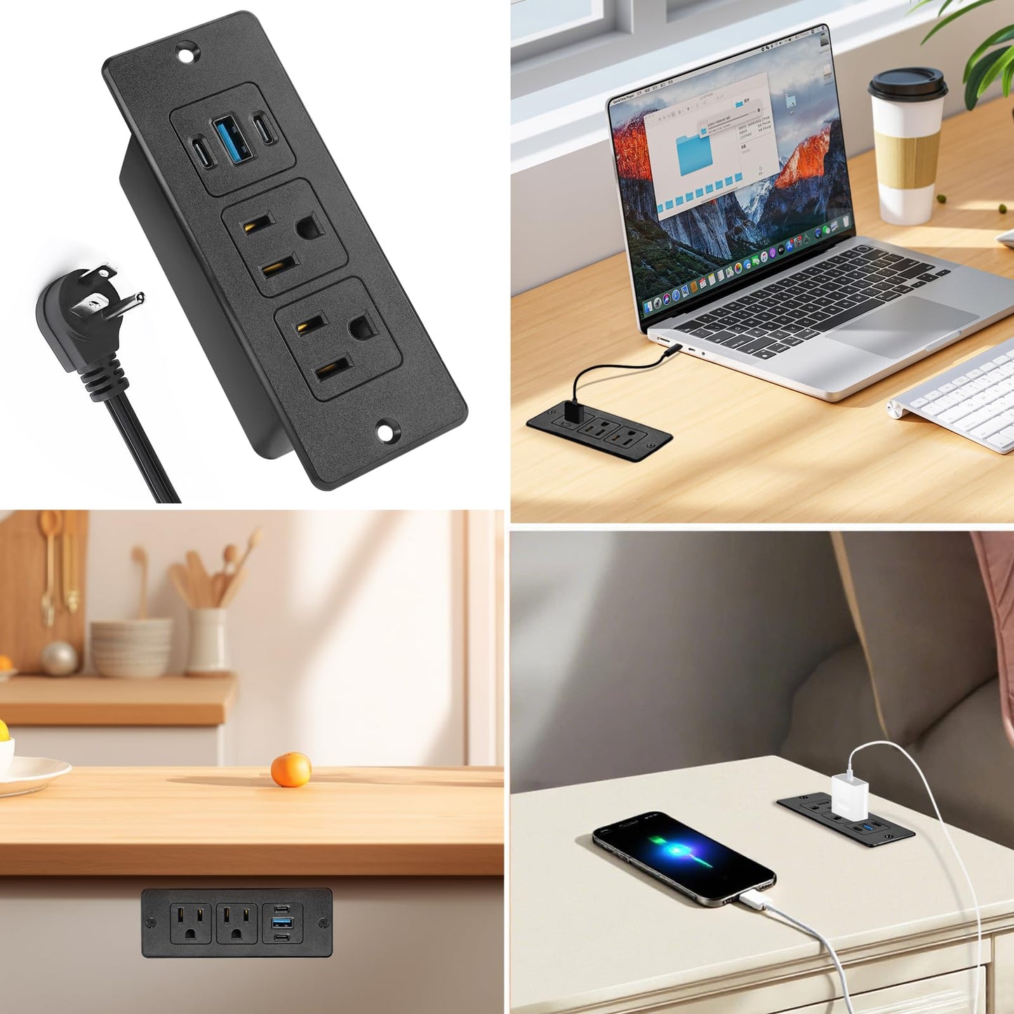 Havorbit Recessed Power Strip USB, 20W Fast Charging Furniture Outlet - 2 AC & 3 USB (2 USB-C + 1 USB-A) for Desk, Bedside, Drawer, Conference Table - Space-Saving, Easy Install, 6FT Cord, Black