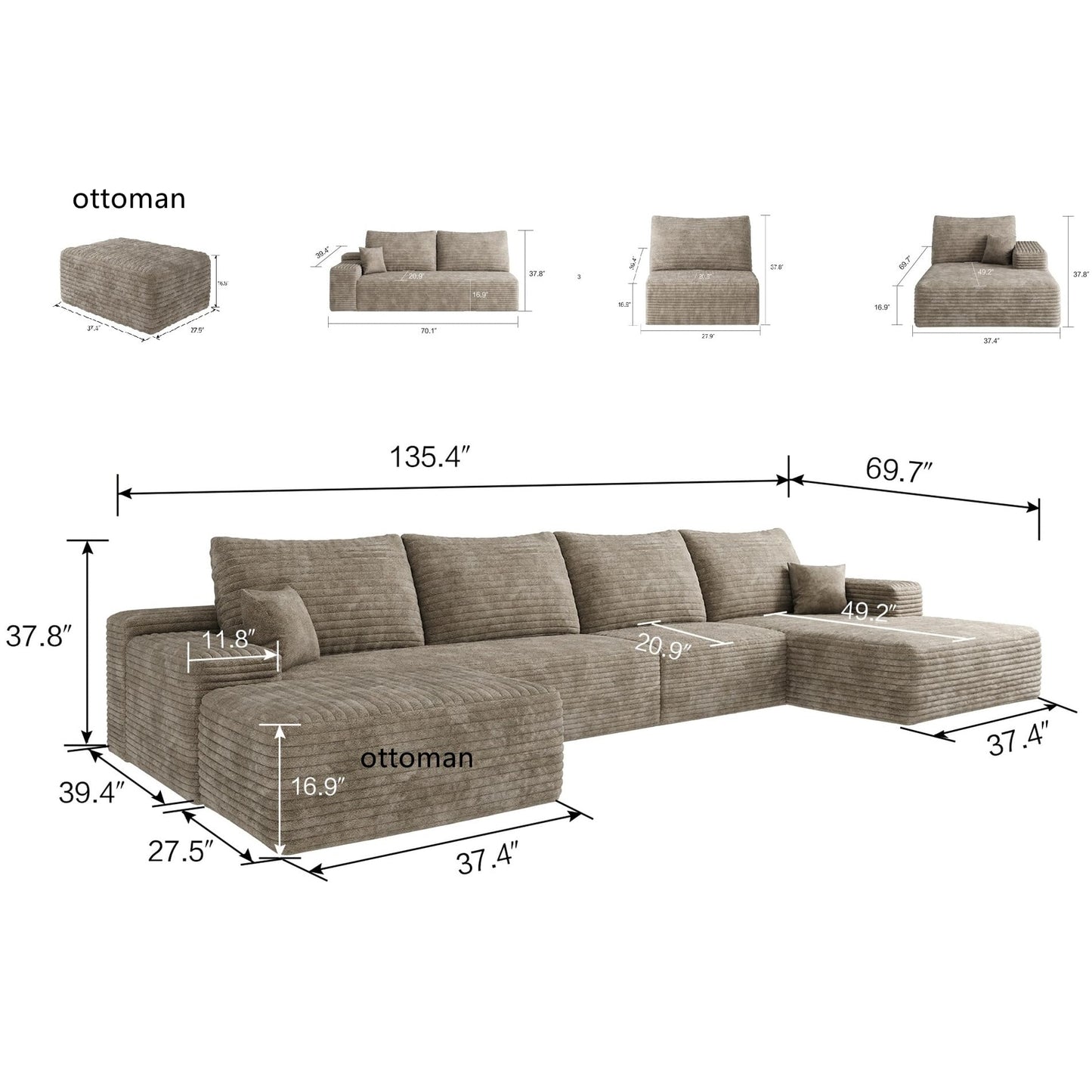 JINGLING 37.4" Rectangle Ottoman Foot Rest for Couch - Corduroy Upholstered Compressed Memory Foam, Cloud Ottoman for Modular Sectional, No Assembly Required, DIY Combination, Camel