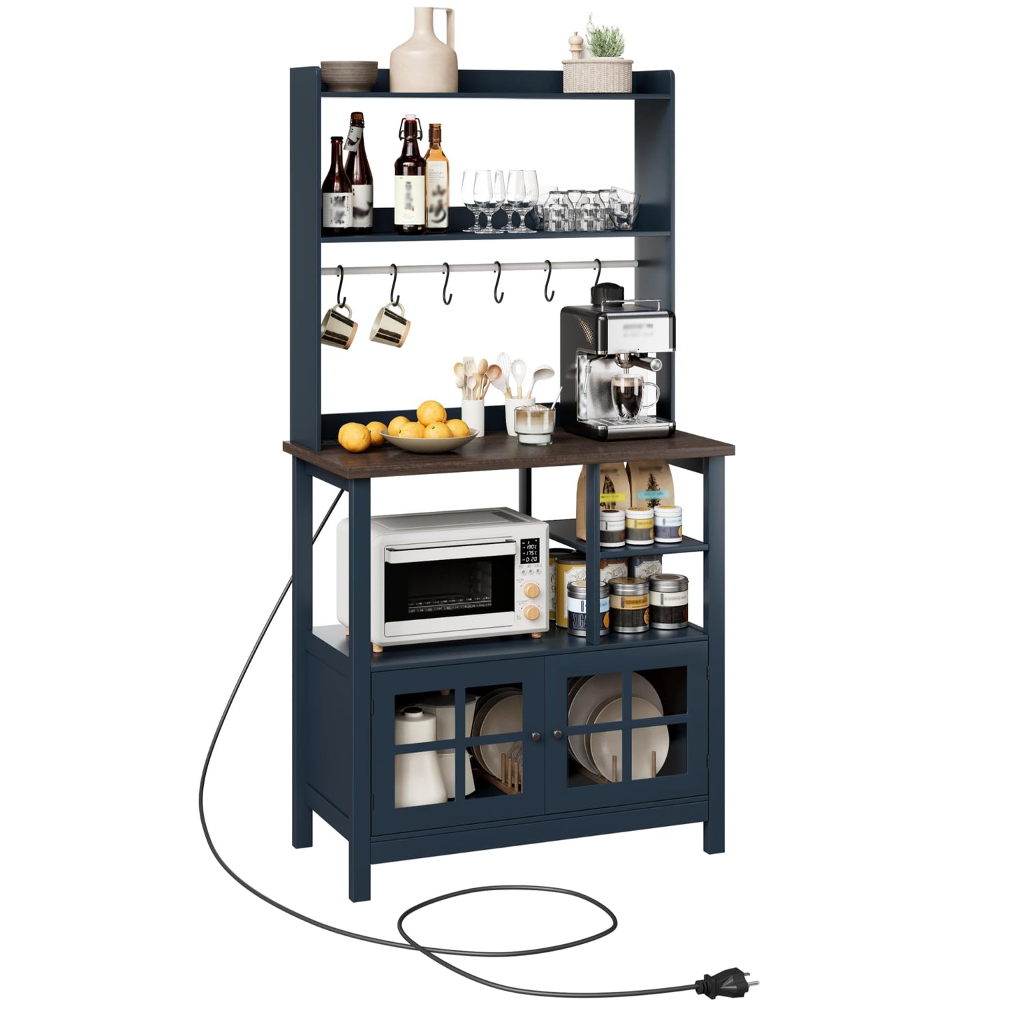 ChooChoo Farmhouse Coffee Bar Cabinet with Storage, Bakers Rack with Power Outlets, Microwave Stand Kitchen Cabinet with Hutch and 6 Hooks, Blue