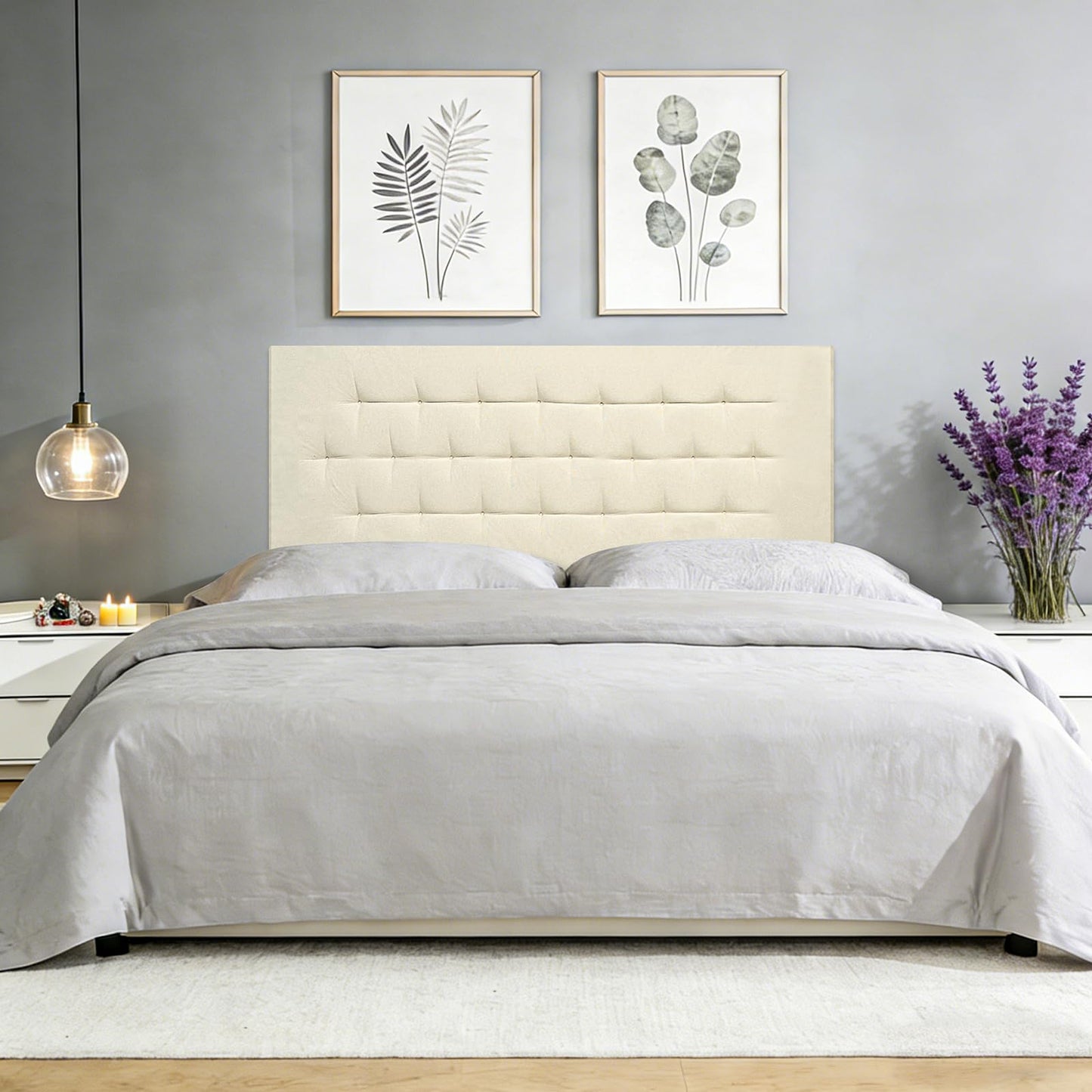Wouherkexm Upholstered Headboard Full Size, 54" x 21" Easy No-Tools Wall Mounted Bed Headboards, Modern Linen Button Diamond Tufted Design, Beige