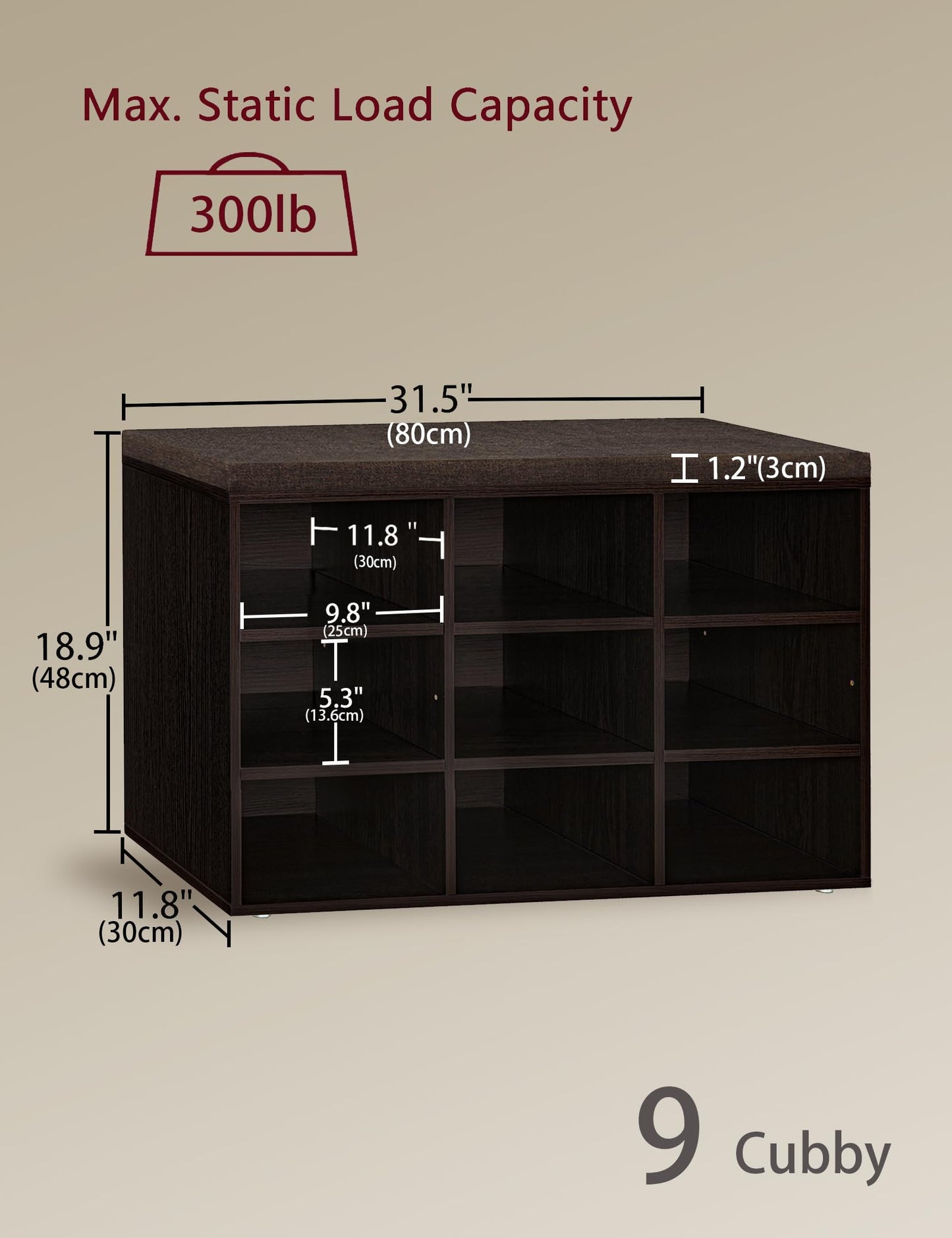 DINZI LVJ Shoe Bench, 9 Cubbies Shoe Organizer for Entryway, Storage Bench with Cushion, Cubby Shoe Rack with Adjustable Shelves for Living Room, Bedroom, Mudroom, Hallway, Espresso
