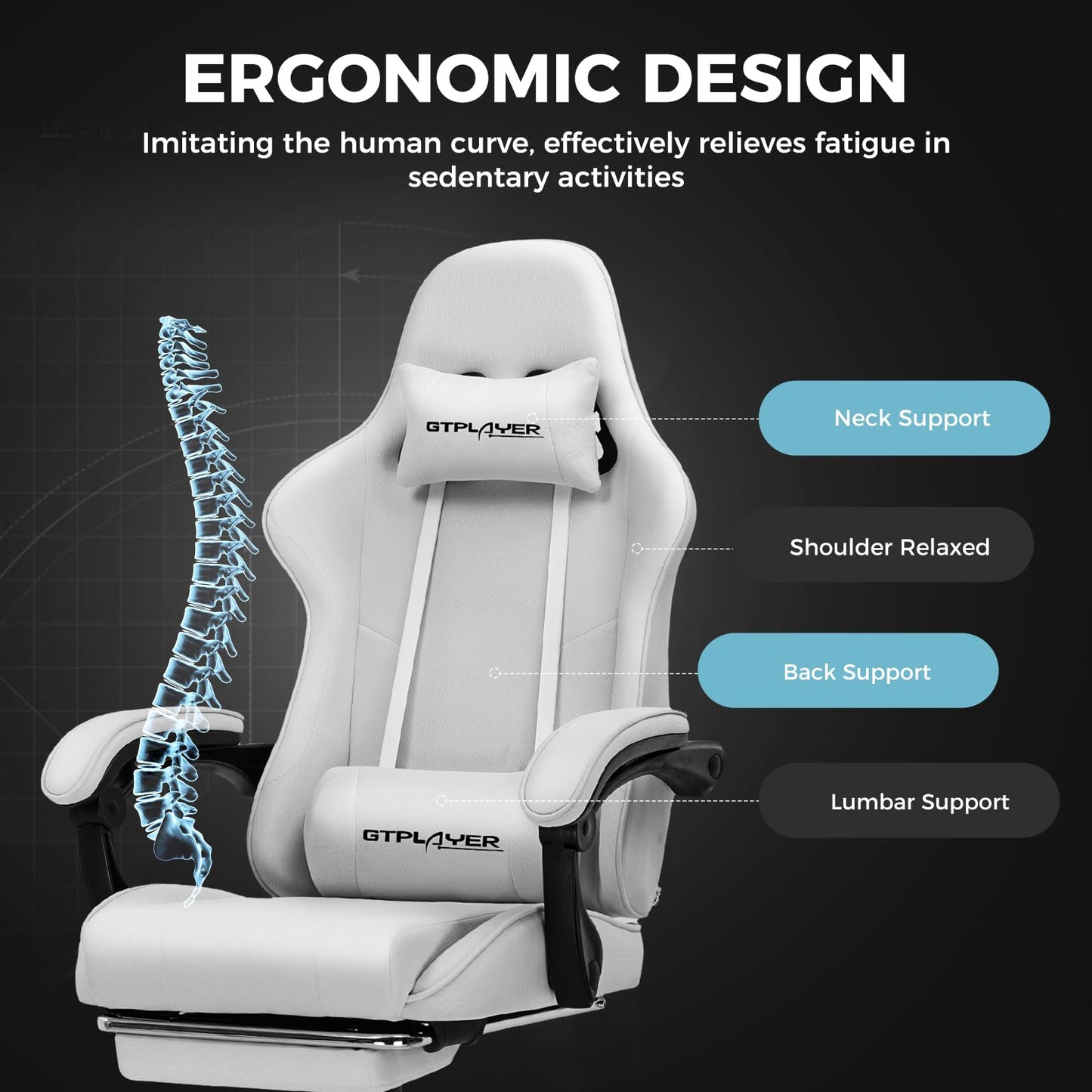 GTPLAYER Gaming Chair with Footrest, Computer Chair with and Lumbar Support, Height Adjustable Game Chair with 360°-Swivel Seat and Headrest and for Office or Gaming (All Light Gray-Fabric)