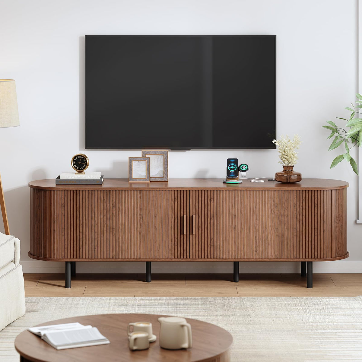 70.8" TV Stand with Power Outlet, Mid-Century Modern Television Stand, Fluted Media Console with Sliding Doors, Entertainment Center for TVs up to 60 Inch, Adjustable Shelves, Walnut
