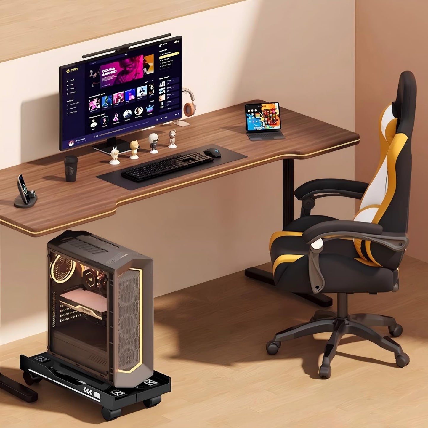 Hovadova Adjustable Computer Tower Stand, Mobile PC Stand for Floor with 4 Locking Caster Wheels Fits Most PC, Under Desk CPU Holder for Office, Gamers and Students (White)