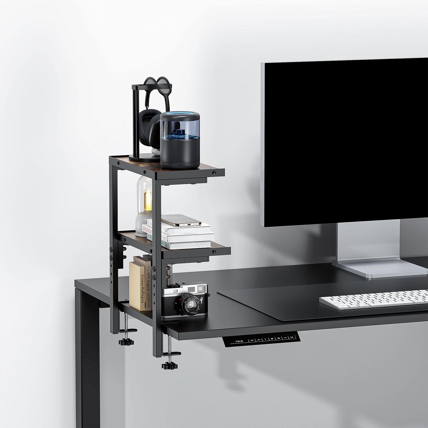 OUTIOE 2-Tier Desk Shelf, Expandable Under Desk Storage, Clamp on Desk Shelf, Desktop Accessories for Offices, Study Rooms, and Game Rooms (Wood)