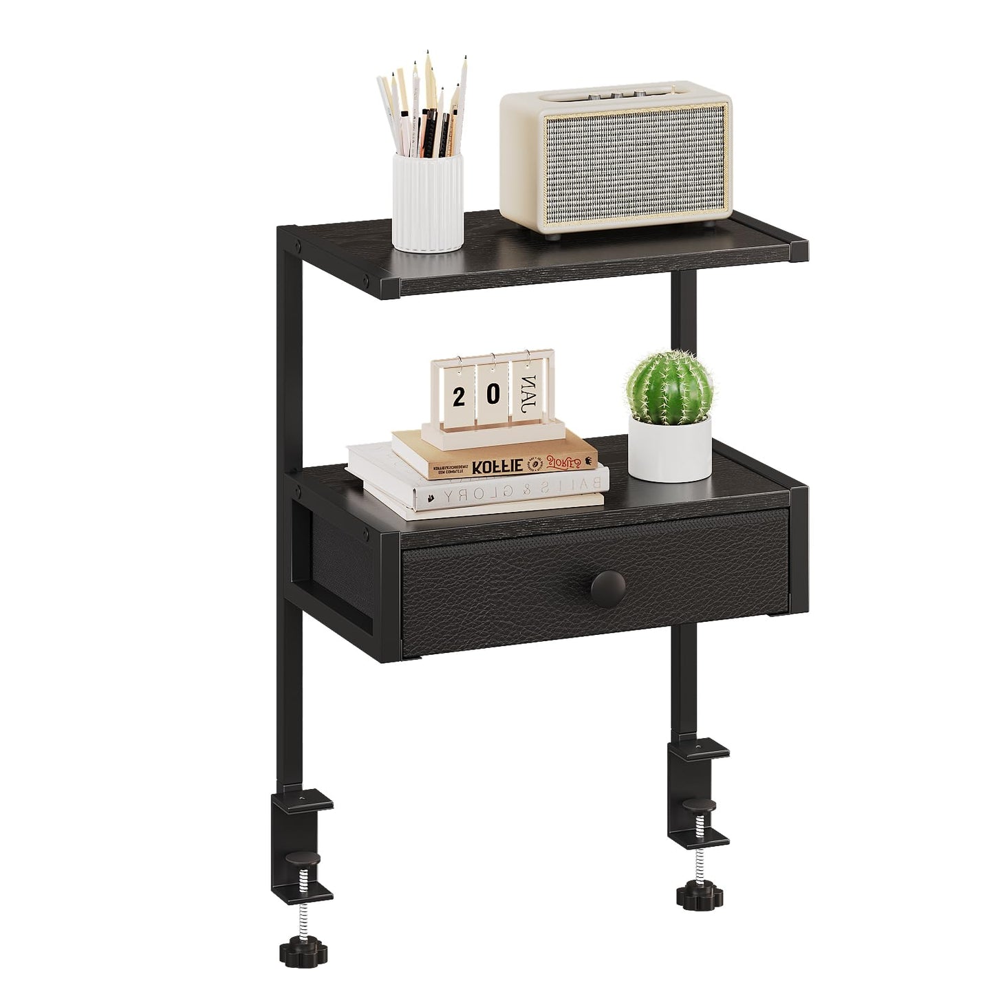 VENNQD Clamp On Desk Shelf, 2-Tier Desktop Organizer, Wood Desktop Supplies Tabletop Book Storage Rack with Adjustable Shelves for Table Working and Gaming Accessories, Black