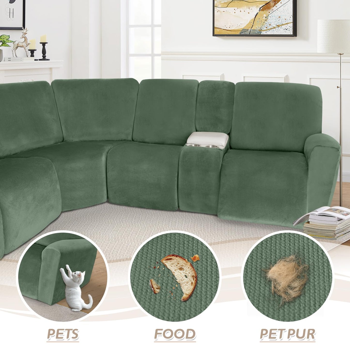 Arfntevss Sectional Recliner Couch Covers Velvet Washable Corner Sectional Sofa Cover for Reclining Stretch Soft Thick L Shape Recliner Slipcover Set (5 Seat with 1 Console Cover, Grayish Green)