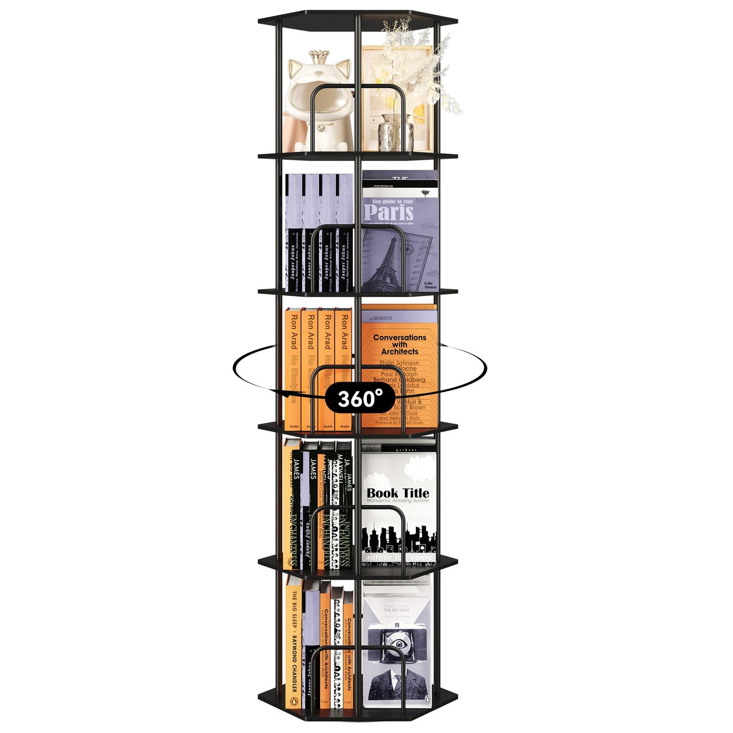 SUNMORY 5 Tier Rotating Bookshelf Tower, Revolving 360 ° Spinning Bookcase, Hexagonal Corner Book Shelf Storage Carousel, Vertical Rotate Turning Organizer Book Shelves for Living Room Office Bedroom