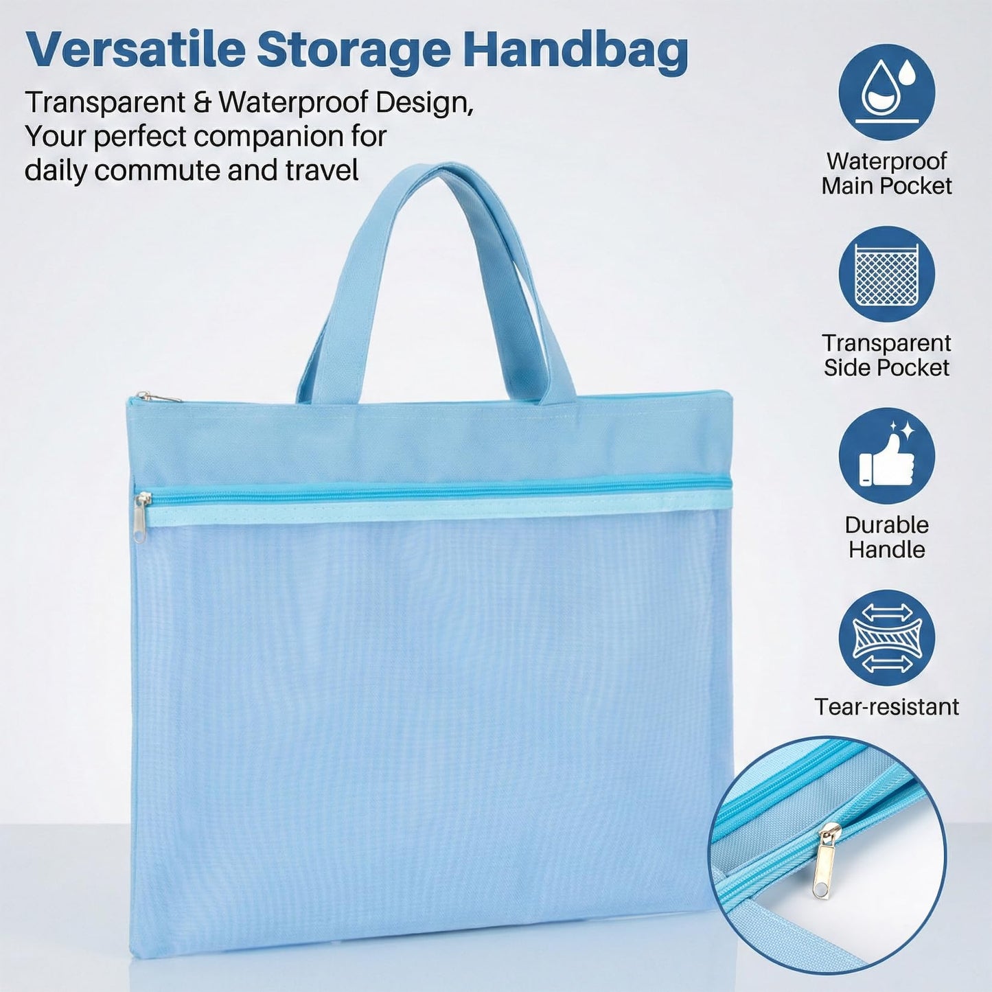 Mesh Zipper Pouch with Handle - 11 x 13.7 Inch Reusable Double Pocket Zipper Pouch, Foldable Nylon File Bag, Large Capacity Lightweight Document Storage for Puzzles Books Office Travel Shopping, Blue