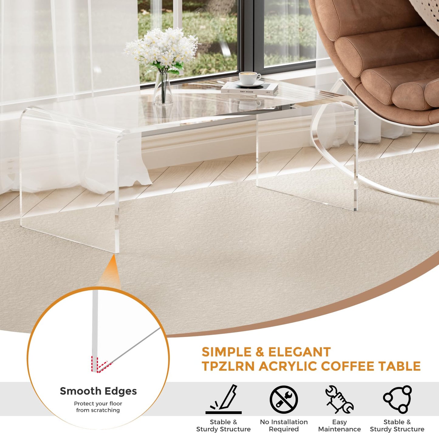 TPZLRN Premium Acrylic Coffee Table, 35.5" D x 17.8" W x 13.8" H Modern Clear Coffee Table, 0.6'' Thick Rectangle Waterfall Table for Living Room, Office, Hotel, Showroom, Transparent