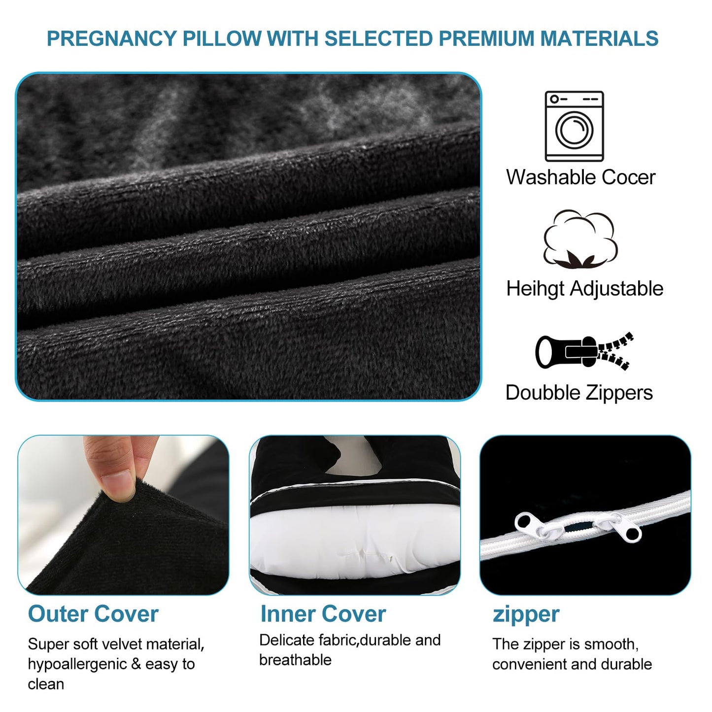 Jcickt Pregnancy Pillow for Sleeping,59 inch Maternity Pillow with Removable Washable Cover,J-Shaped Velvet Full Body Pregnant Pillow -Support for Backs,Legs, Belly, HIPS, Improve Sleep-Black