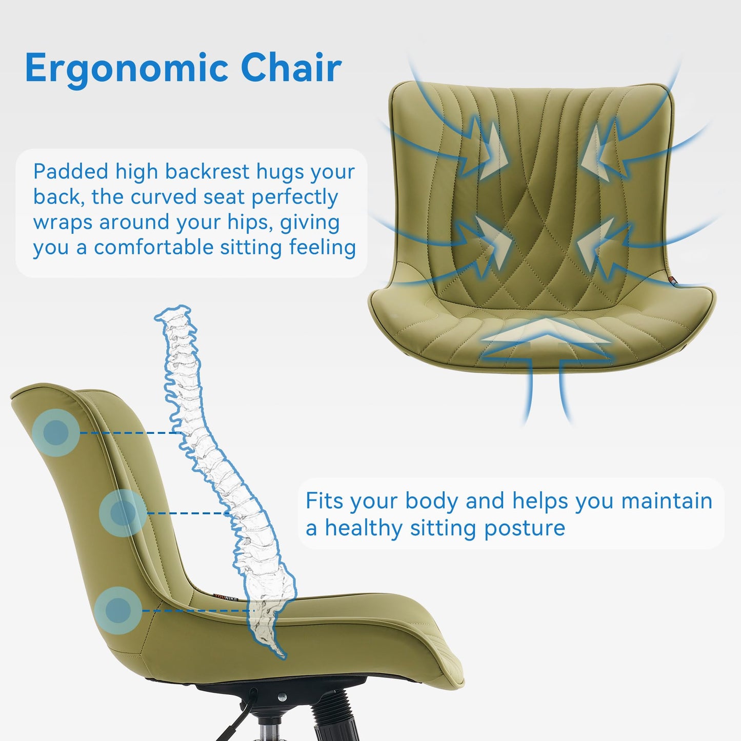 YOUNIKE Office Chair, Armless Desk Chair with Wheels, Home Office Computer Task Chairs, Modern Faux Leather Padded Vanity Chair, Adjustable Swivel Rolling Chairs with Back, Avocado Green