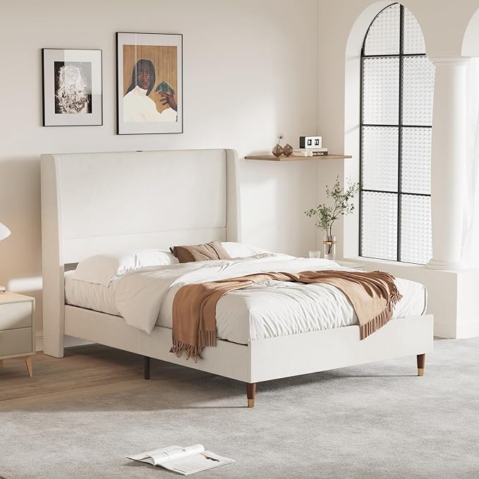 MALOL Full Size Bed Frame with Upholstered Headboard, Linen Fabric Platform Bed