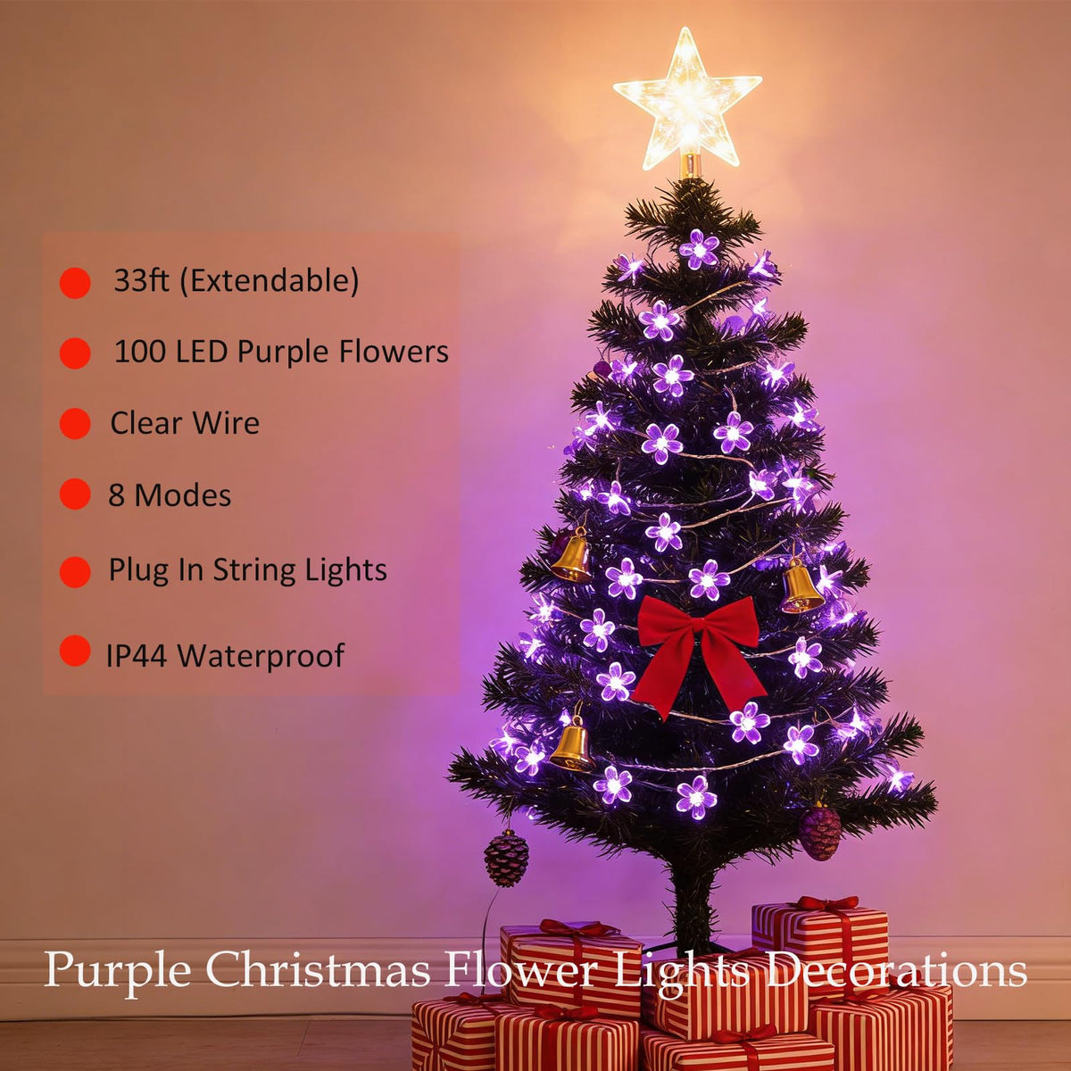 Decorative Connectable 33ft Purple Flower String Lights with 100 LEDs, Memory Function & 8 Modes. Perfect for Bedroom, Christmas, Weddings, Valentine's & Garden Indoor Outdoor Hanging Decorations