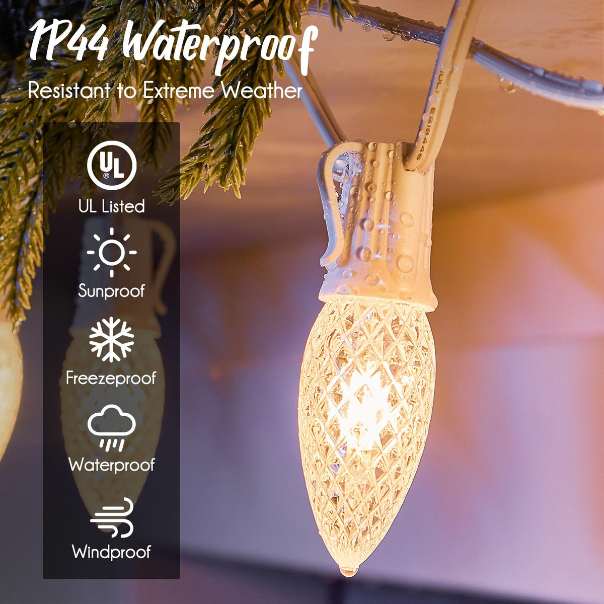 C9 Light Strand, 50 FT Outdoor String Lights Christmas Stringer with 50 Sockets for Christmas Decor Patio, E17 Light Socket, 12 Spacing, White Wire