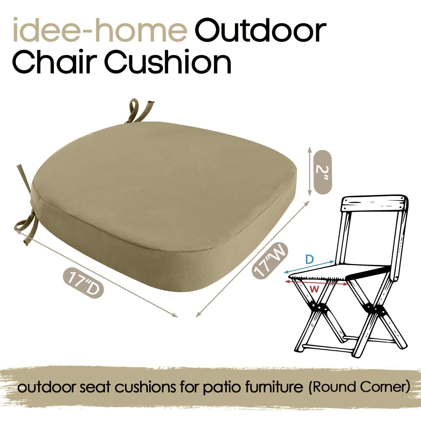 idee-home Outdoor Chair Cushions Set of 2, 17" x 17" Thick D-Shaped Patio Furniture Outdoor Seat Cushions Waterproof with Ties, Dining Pads