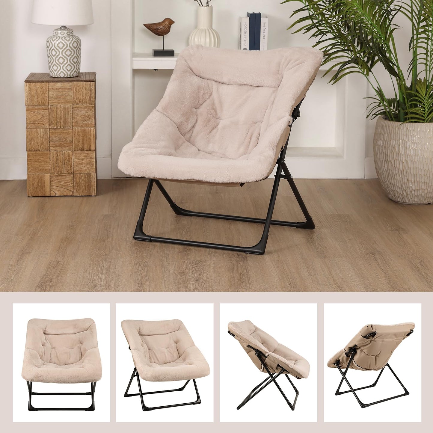 Mordchil HF Comfy Saucer Chair for Adults, Set of 2, Soft Faux Fur Bedroom Chair, Accent Dorm Chairs, Flexible Living Room Reading Chairs, Oversized Folding Lounge Seat for Teens, X-Large, Camel