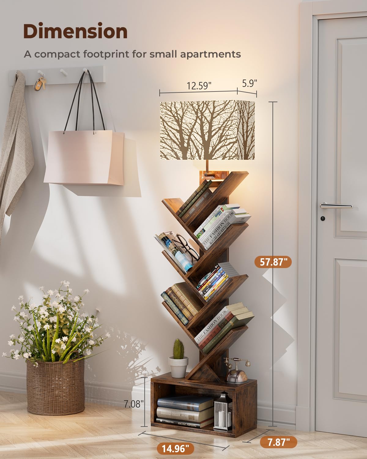 Evermagin Tree Bookshelf with Light, 6 Tier Small Bookcase, Narrow Floor Standing Book Tower Organizer with Storage Cabinet for Living Room, Bedroom and Home Office, Rustic Brown