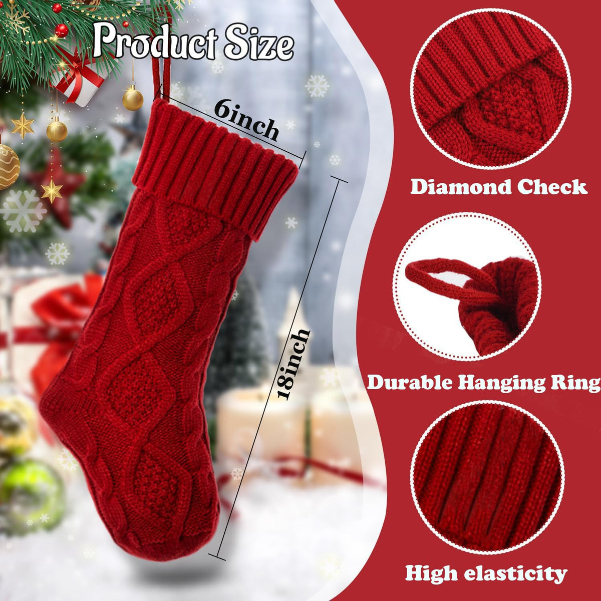 OYB Christmas Stockings,18 Inches Knitted Christmas Stockings,Large Christmas Stockings,Decorations for Family Holiday Xmas Party(Red)