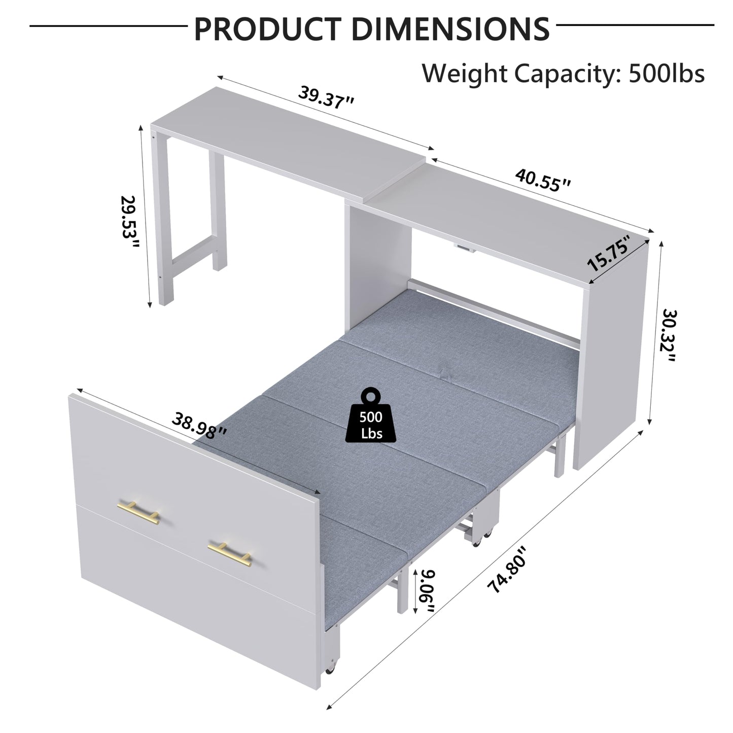 Twin Size Murphy Bed Cabinet - Multifunctional Bed with Adjustable Position Desk and Upholstered Folded Bed, Space Saving Beds with Wheels and Metal Handles, Hidden Beds for Small Spaces (Grey)