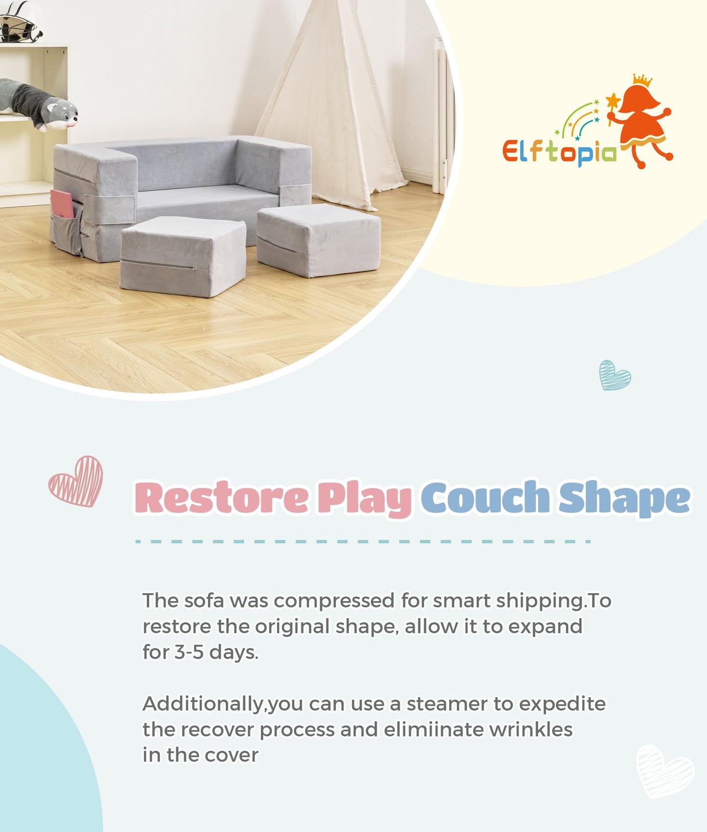 Elftopia Modular Kids Sofa,Toddler Couch Foam Armchair for Kids, Children Convertible Plush Sofa Play Set,Fold Out SofaBed(Grey)