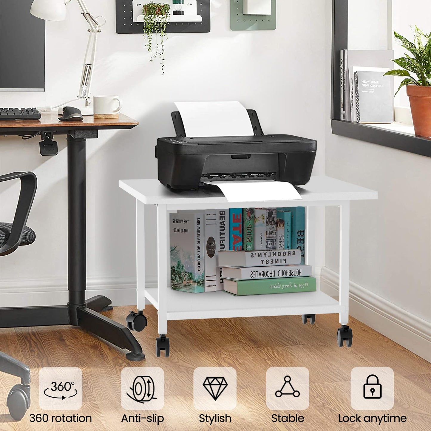 SwaaVee Printer Stand, 2-Tier Under Desk Printer Stand, Printer Cart with Wheels for Home, Office, Heavy-Duty Storage Shelf, White