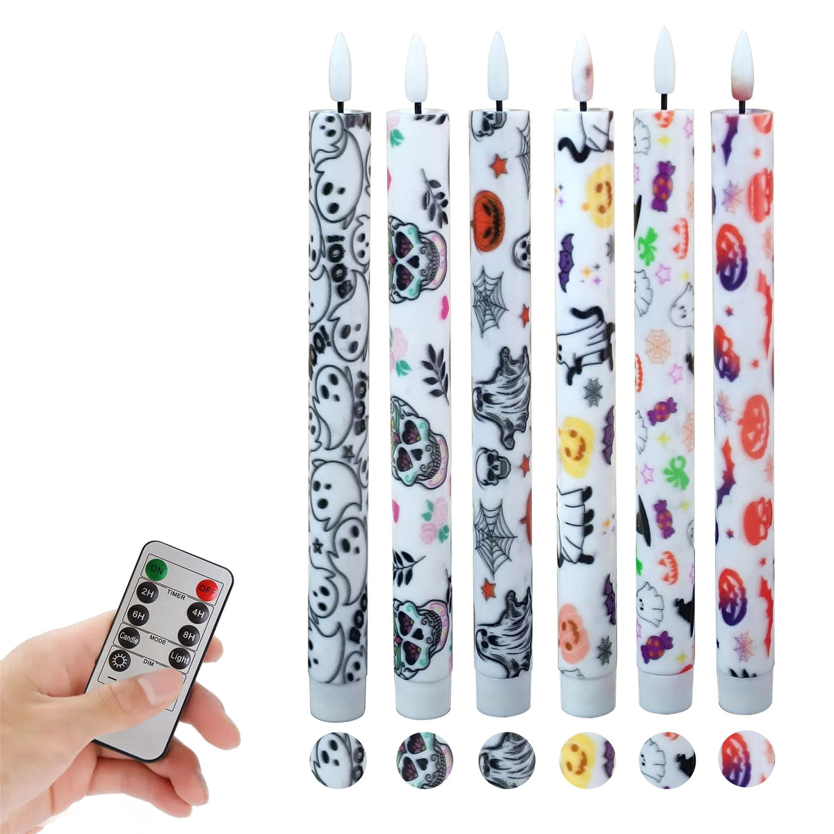 Gedengni Halloween LED Candles Flameless Candlesticks-6pcs Timer Ghost Battery Operated Candle Remote Floral LED Taper Candles Lights for Home Wedding Harry Potter Party Windows Decor-P6Ghost