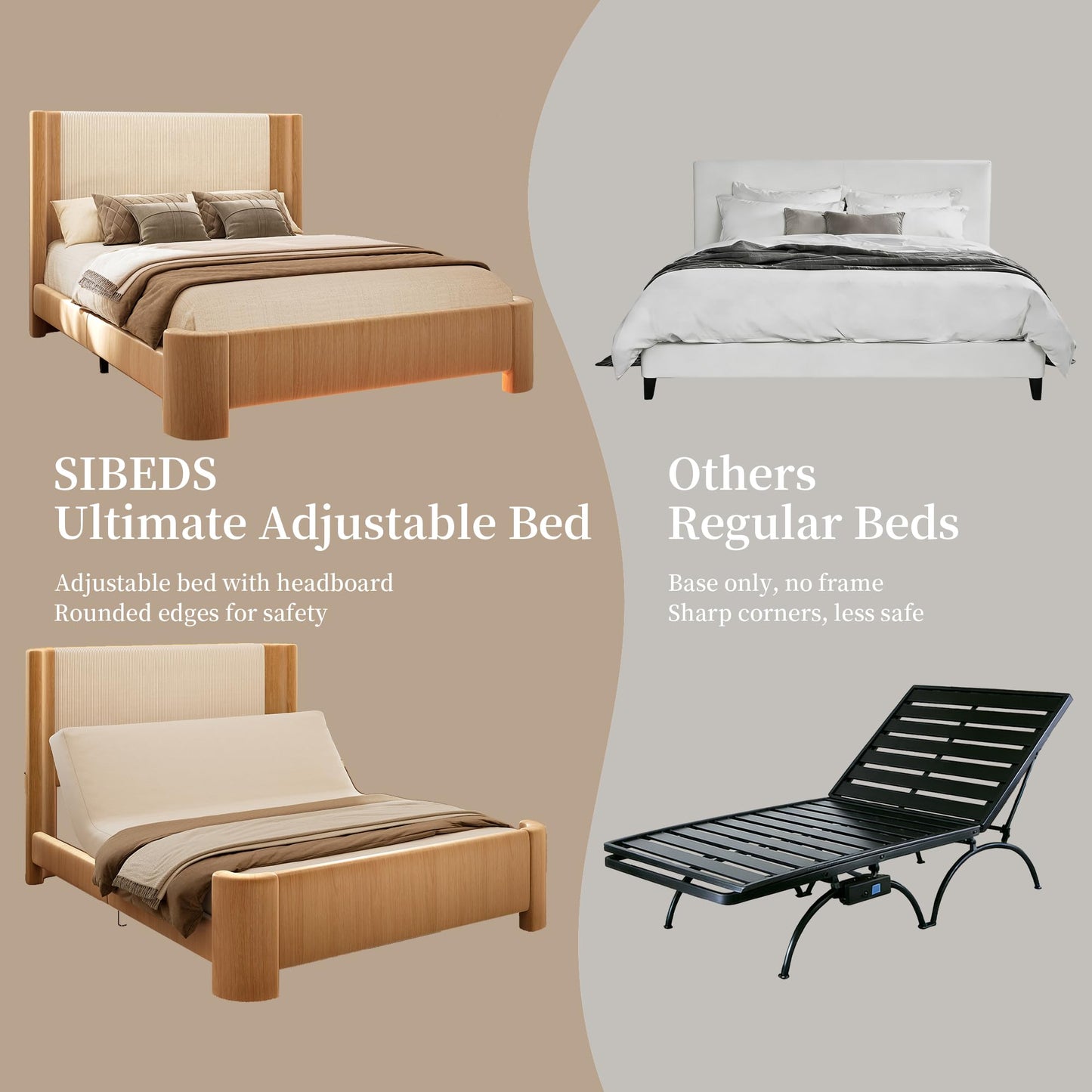 SIBEDS 18" H Full Adjustable Bed Frame with LED Light, Corduroy Headboard, Faux Leather Upholstered Platform Bed Frame, Dark Brown Oak Wood Grain Printed Finish, Zero Noise Quiet Motor, Head Incline