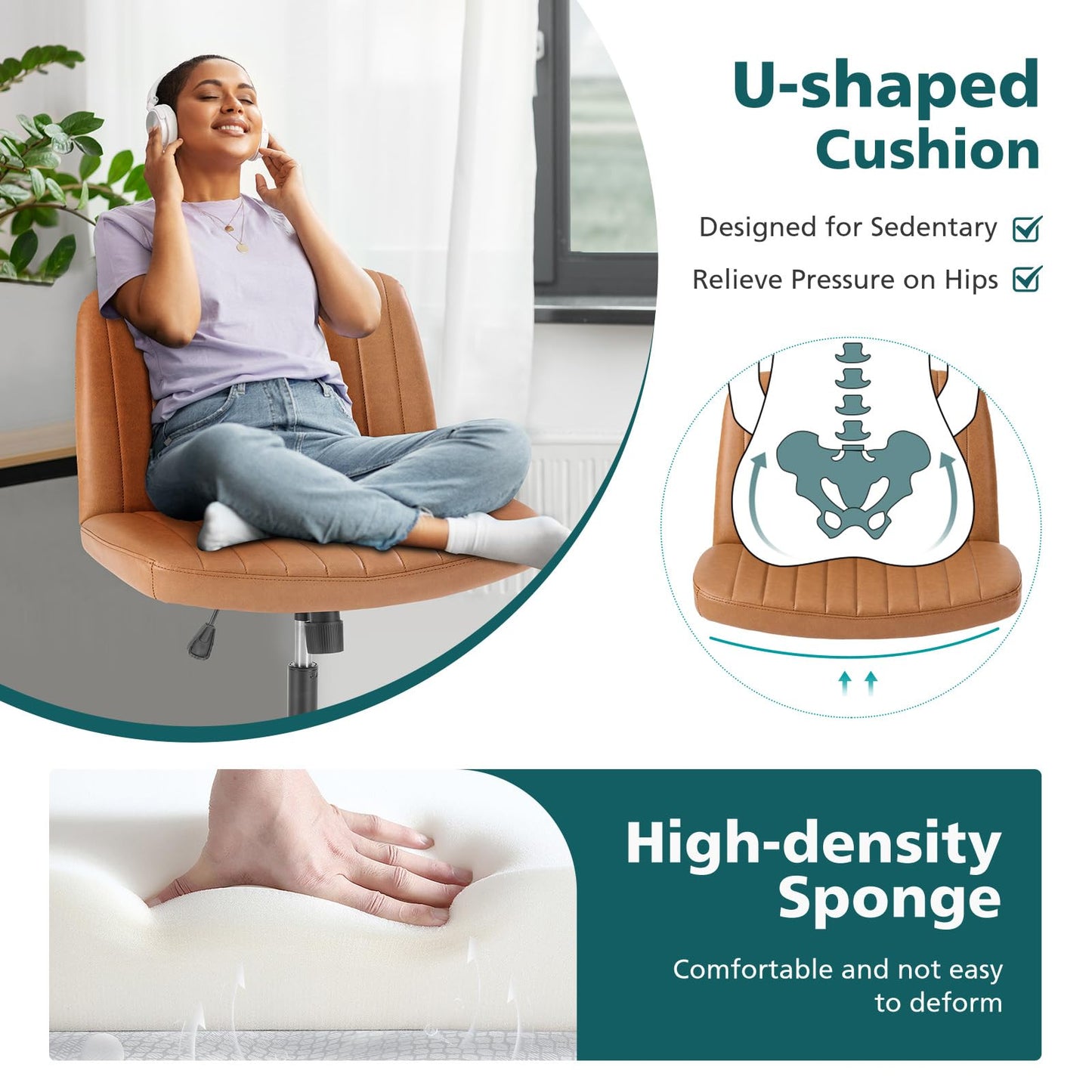 OLIXIS Criss Cross Chair with Wheels Wide Cross Legged Office Desk Vanity Chair Comfy Fabric Armless Adjustable Swivel for Home Computer Task PU Brown