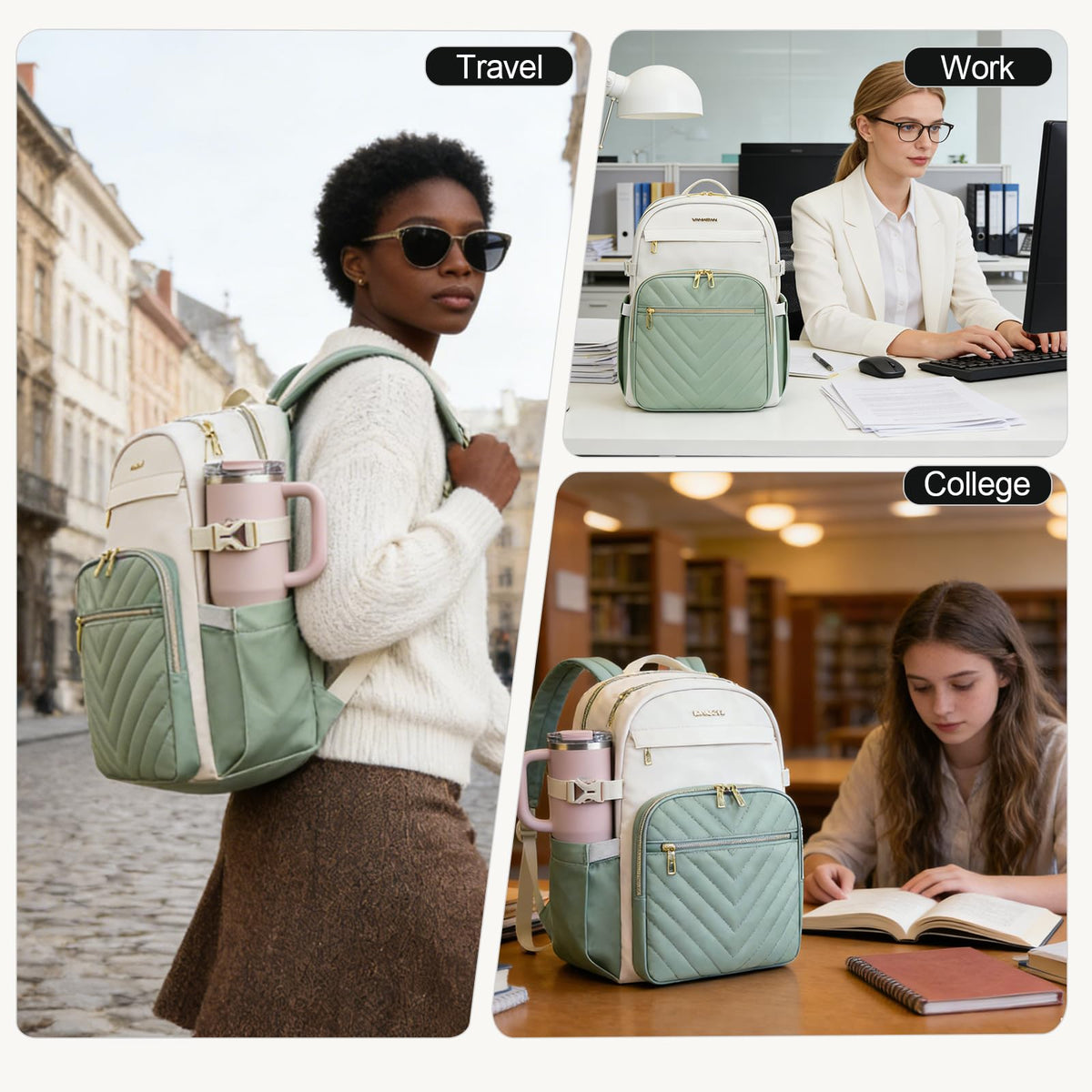 VANKEAN Laptop Backpack for Women with Pouch Pocket for Large Capacity Tumbler, 15.6 Inch Laptop Computer Bag Travel Backpack Purse,Waterproof Work Business College Teacher Bags, Beige-Light Green