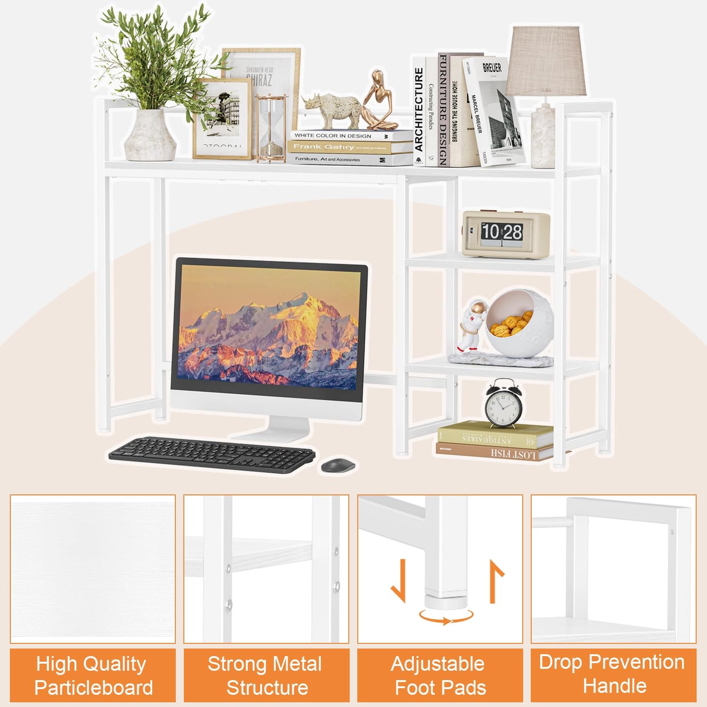Snughome Desk Shelf, 44.9" Large Desktop Organizer Shelf, Desk Hutch for Monitor, 4 Tier Display Rack, Wooden Desktop Bookshelf Storage Rack for Home Office Dorm