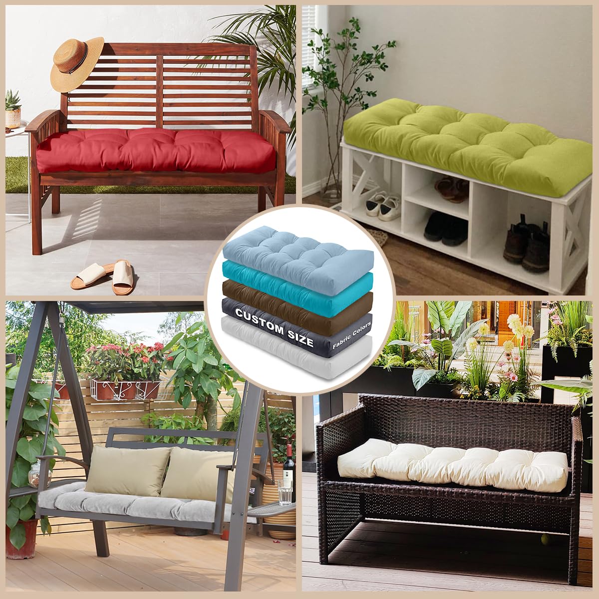 ThinMay Bench Cushion 47 inches,Indoor/Outdoor Non-Slip Tufted Cushions, Premium Waterproof Linen, Soft Piano Sofa Cushions, High-Density Memory Foam(Dark Red-47x19x4in)
