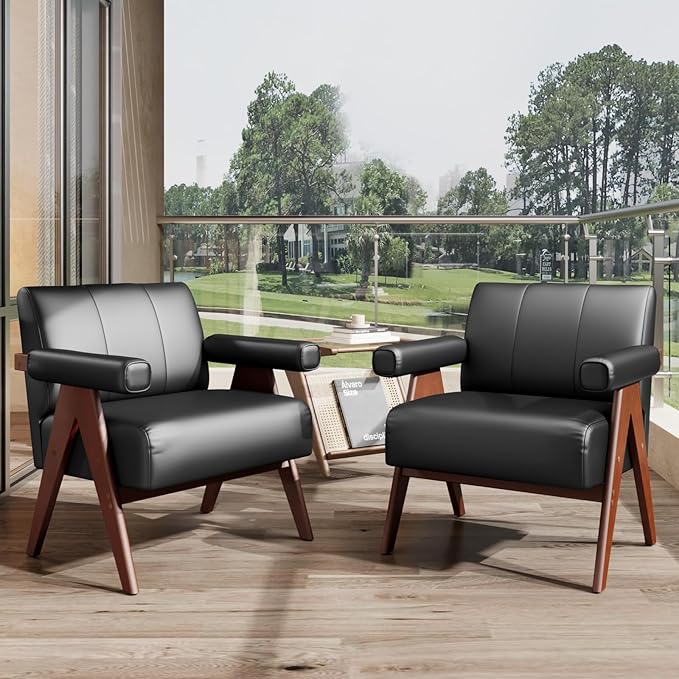 STHOUYN Black Leather Accent Chairs Set of 2, Mid Century Modern Accent Chair