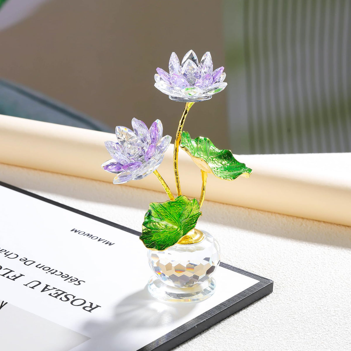 YWHL Purple Crystal Lotus Flower Figurine with Vase, Handmade Lotus Gifts Bouquet for Women on Birthday Christmas Mother's Day, Glass Lotus Flower Home Party Office Decor