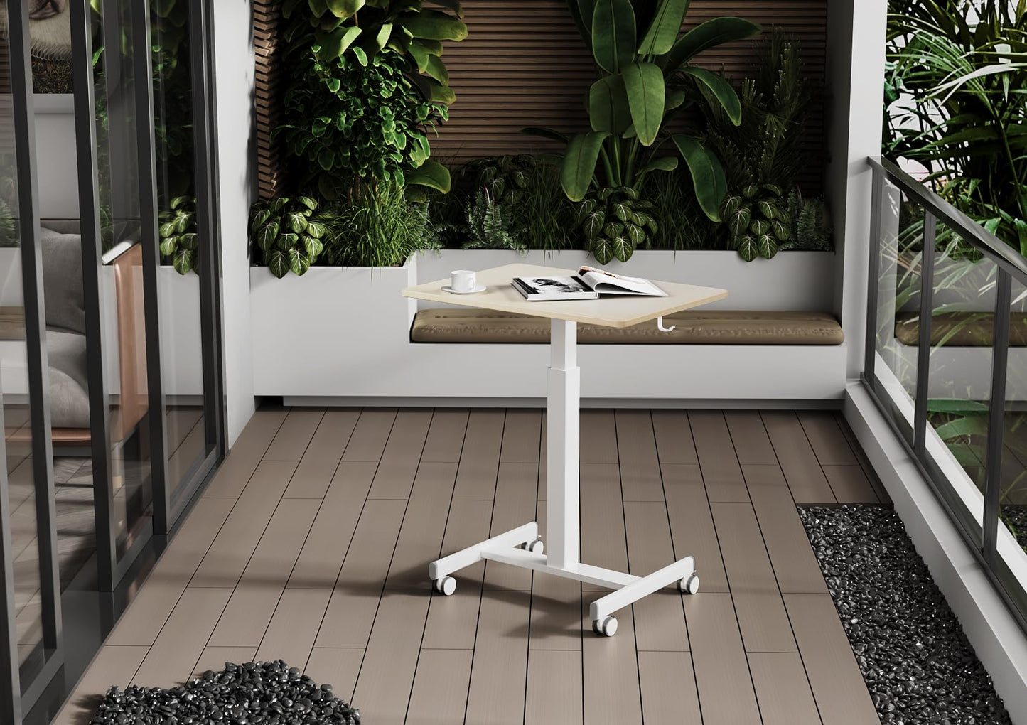 Claiks Mobile Standing Desk, Small Rolling Standing Desk with Wheels, Pneumatic Mobile Desks Workstation with Hook, Natural