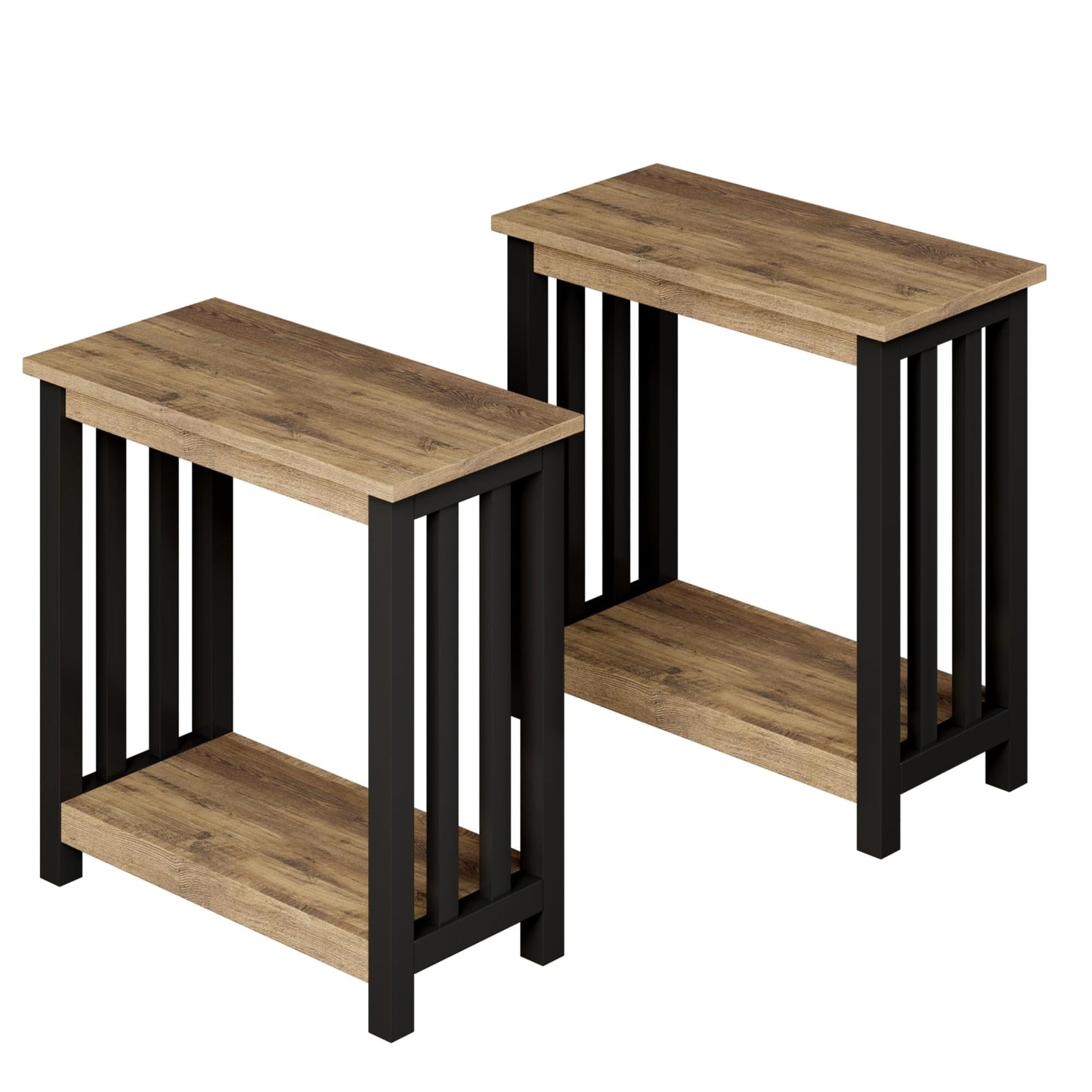 ChooChoo Mission End Tables Set of 2, Narrow Side Tables for Small Spaces, Night Stands with Storage Shelf for Living Room and Bedroom, Rustic Oak & Black