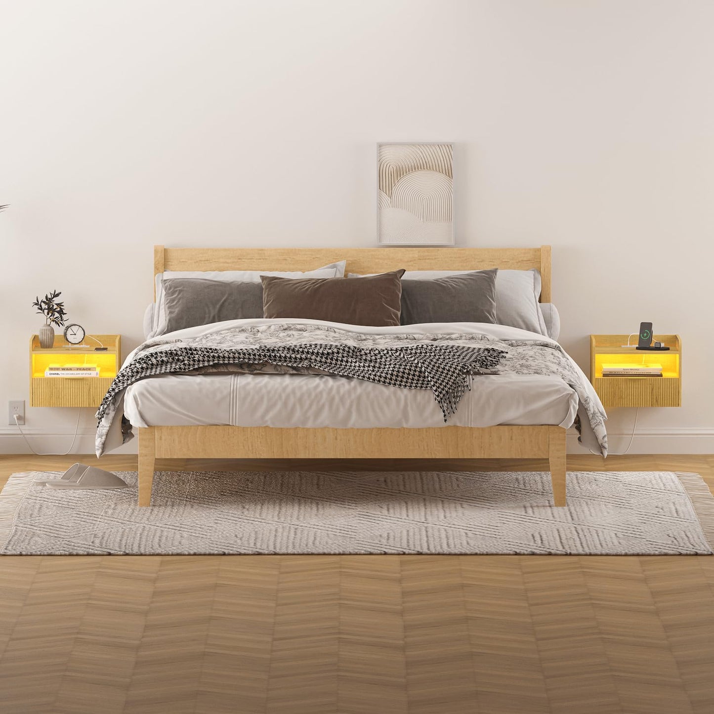 Veegle Floating Nightstand with Charging Station and LED Lights (Yellow Oak)