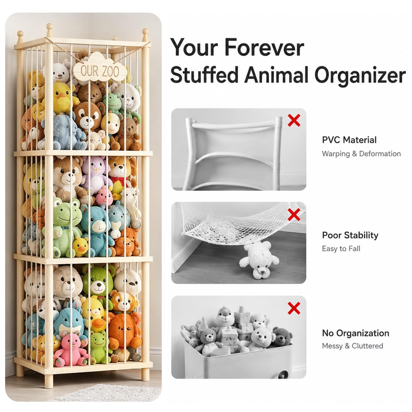 MIRCNY Stuffed Animal Storage Zoo - 54 Inch Large Wooden Toy Organizer | Anti-Tip Design Plushie Storage Rack for Nursery & Playroom | Easy Assembly
