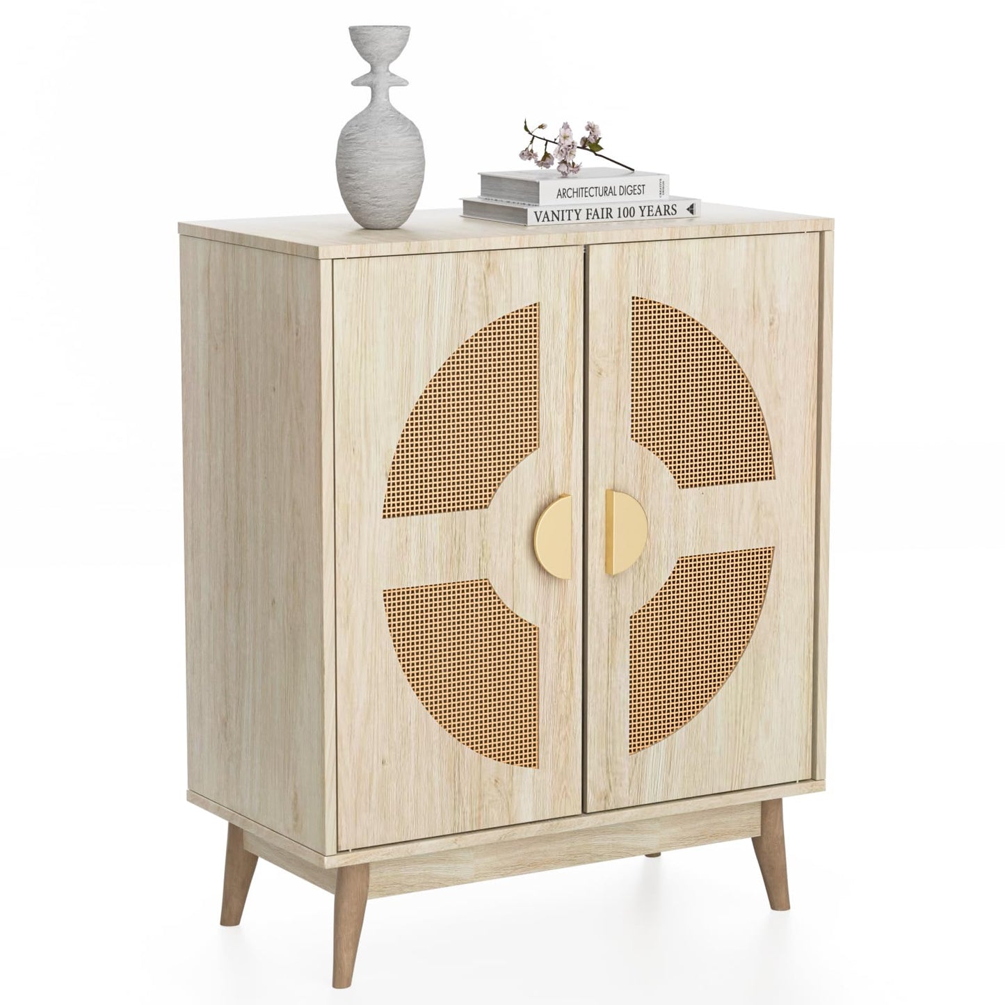 TOOBVEST Buffet Cabinet with Storage Sideboard Accent Modern Credenza with Doors & Shelves 32.9" Rattan Media Console Mid Century Coffee Bar Table for Living Room Kitchen Dining Room Hallway