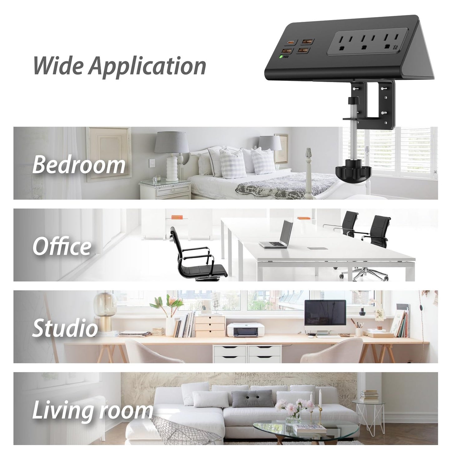 Desk Clamp Mount Power Strips, 4 USB Ports& 3 AC Outlets Charging Station, PD 20W Fast Charging USB C, 6Ft Extension Cord Desktop Power Hub, Home Office Desk Accessories, 2-Pack (Black)