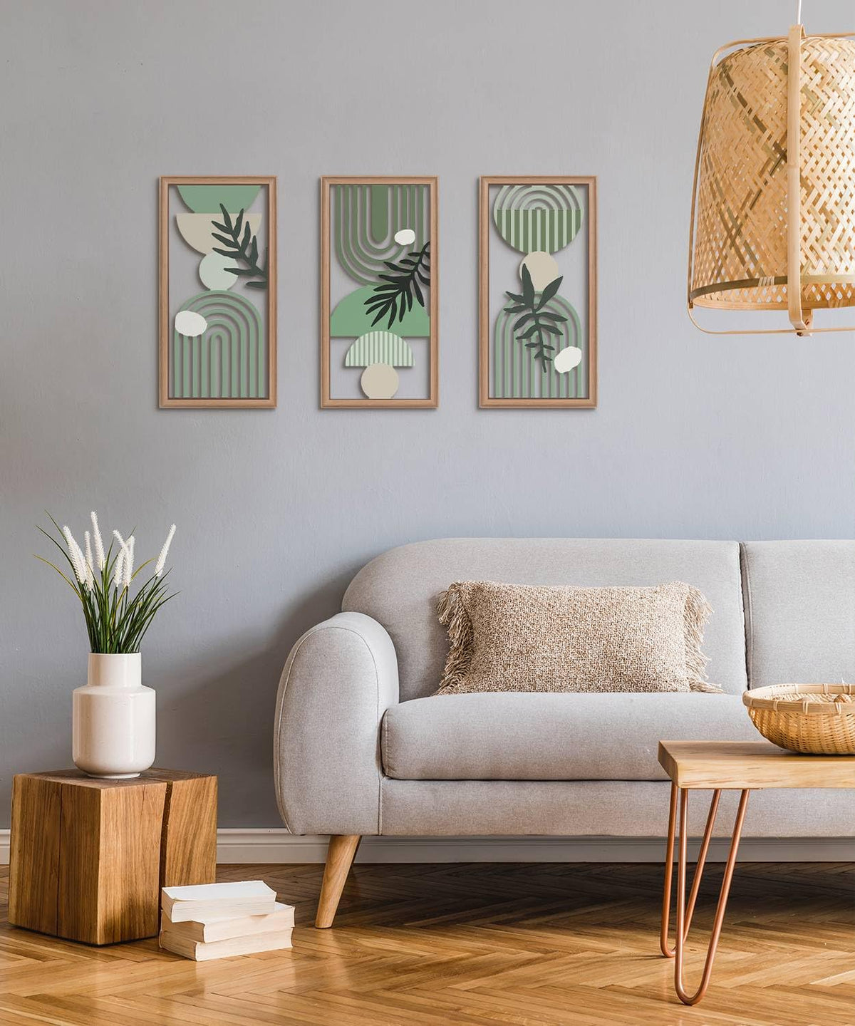Putuo Decor Boho Wall Art Set of 3, Green Botanical Wooden Wall Decor, Abstract Aesthetic Room Decorations, Mid-Century Modern Artwork for Living Room, Bedroom, Office Green 16.5 x 8.6 inch